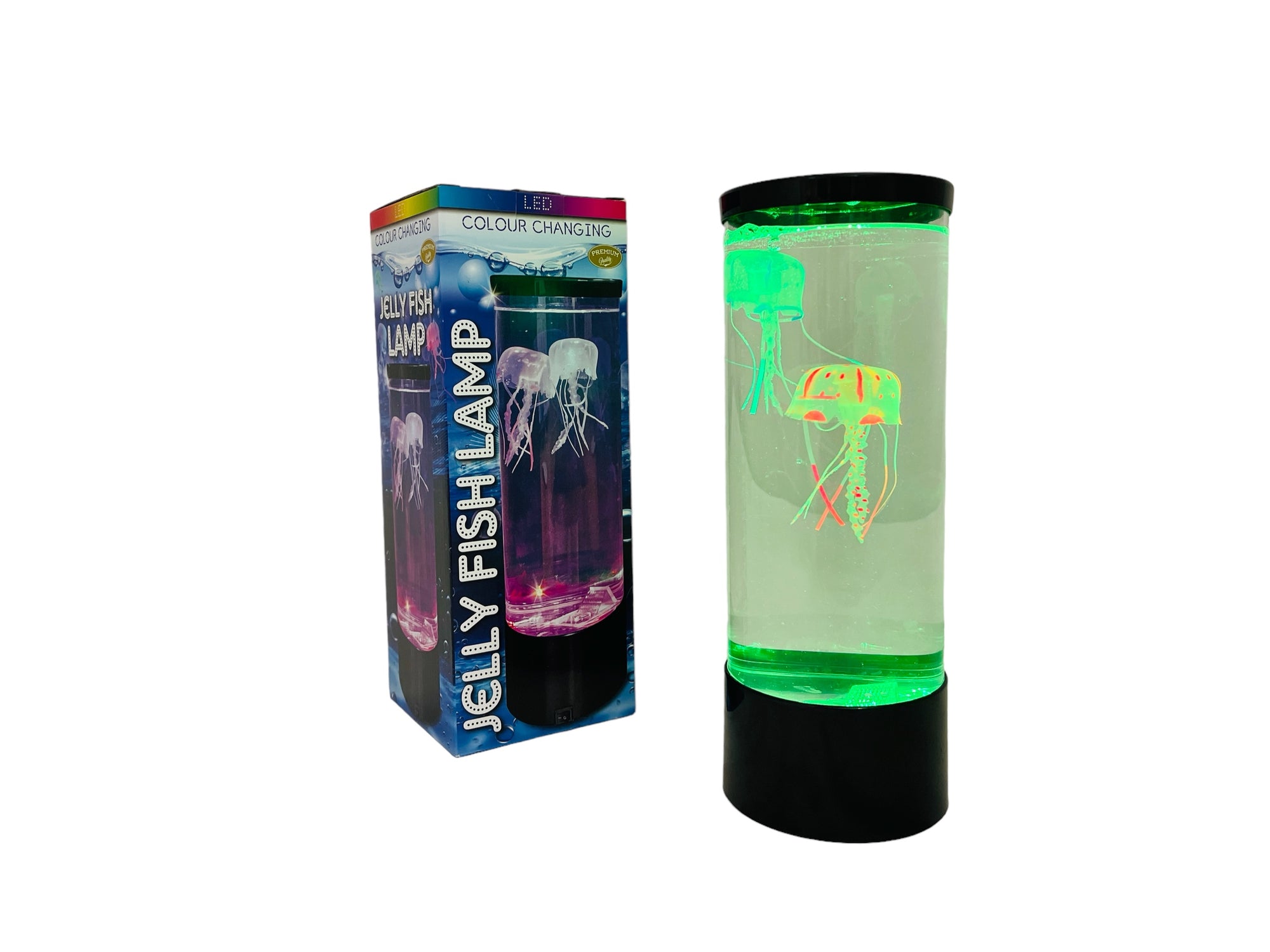 the LED Colour Changing Jellyfish Lamp glowing green in front of it's box