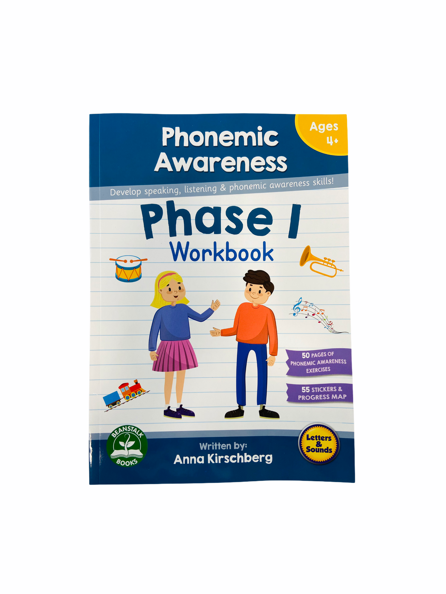 Phase 1 Workbook - Phonemic Awareness front cover with blue boarder showing girl and boy talking with each other