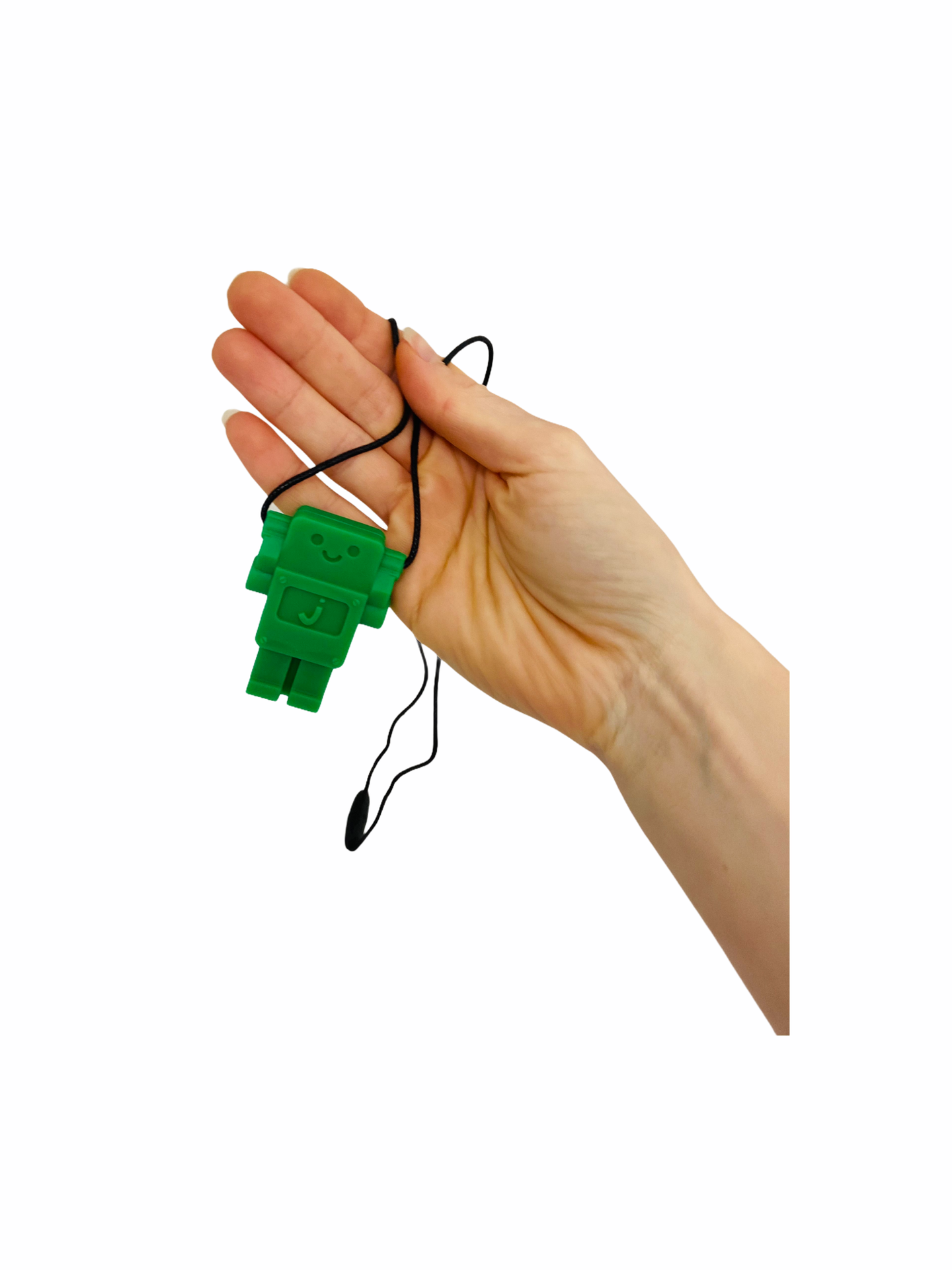 Hand holding a green Jellystone Robot Man Chew mounted on black cord on white background