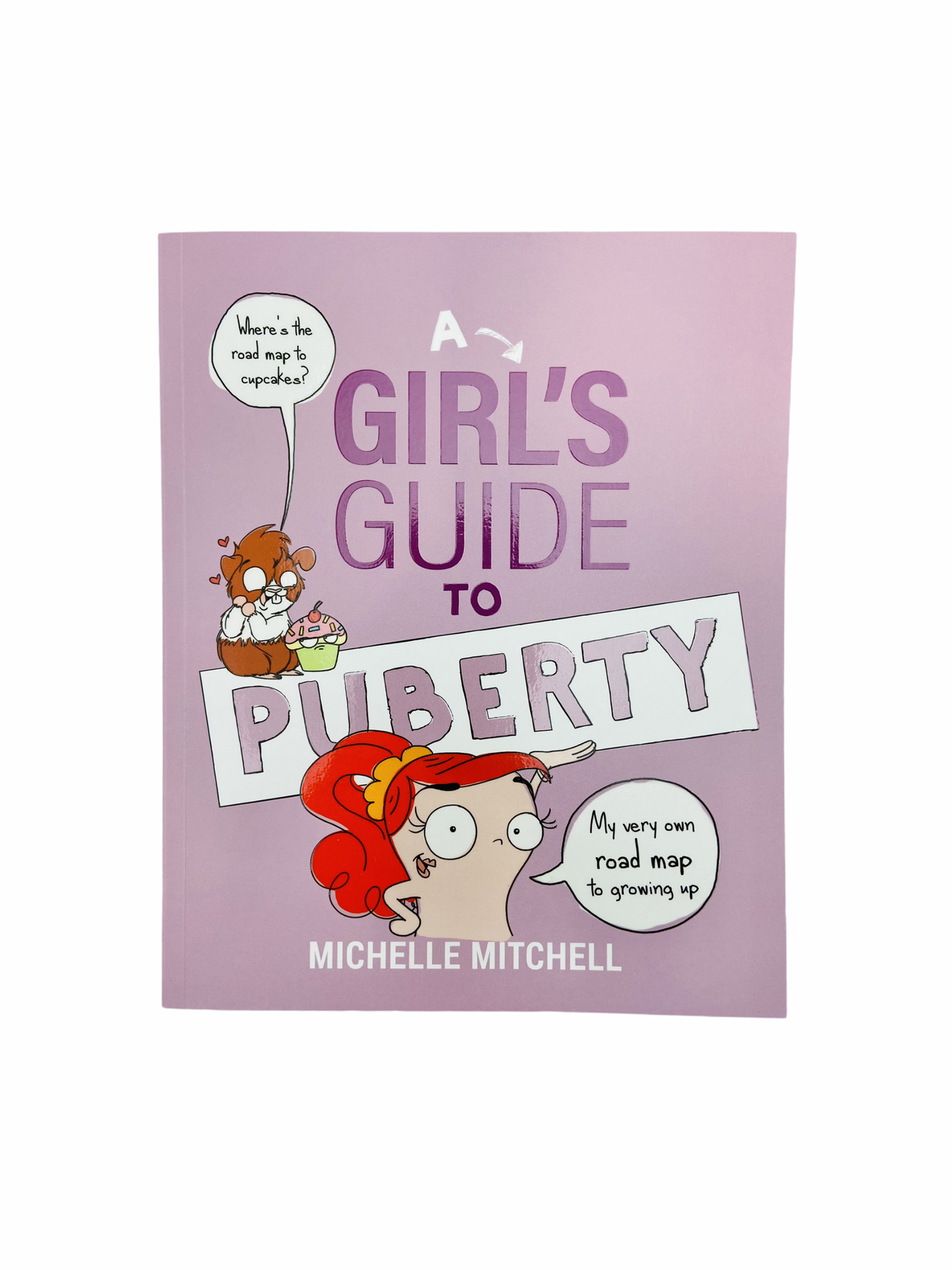 Front cover of A Girl's Guide to Puberty book with red haired character featuring speech bubbles