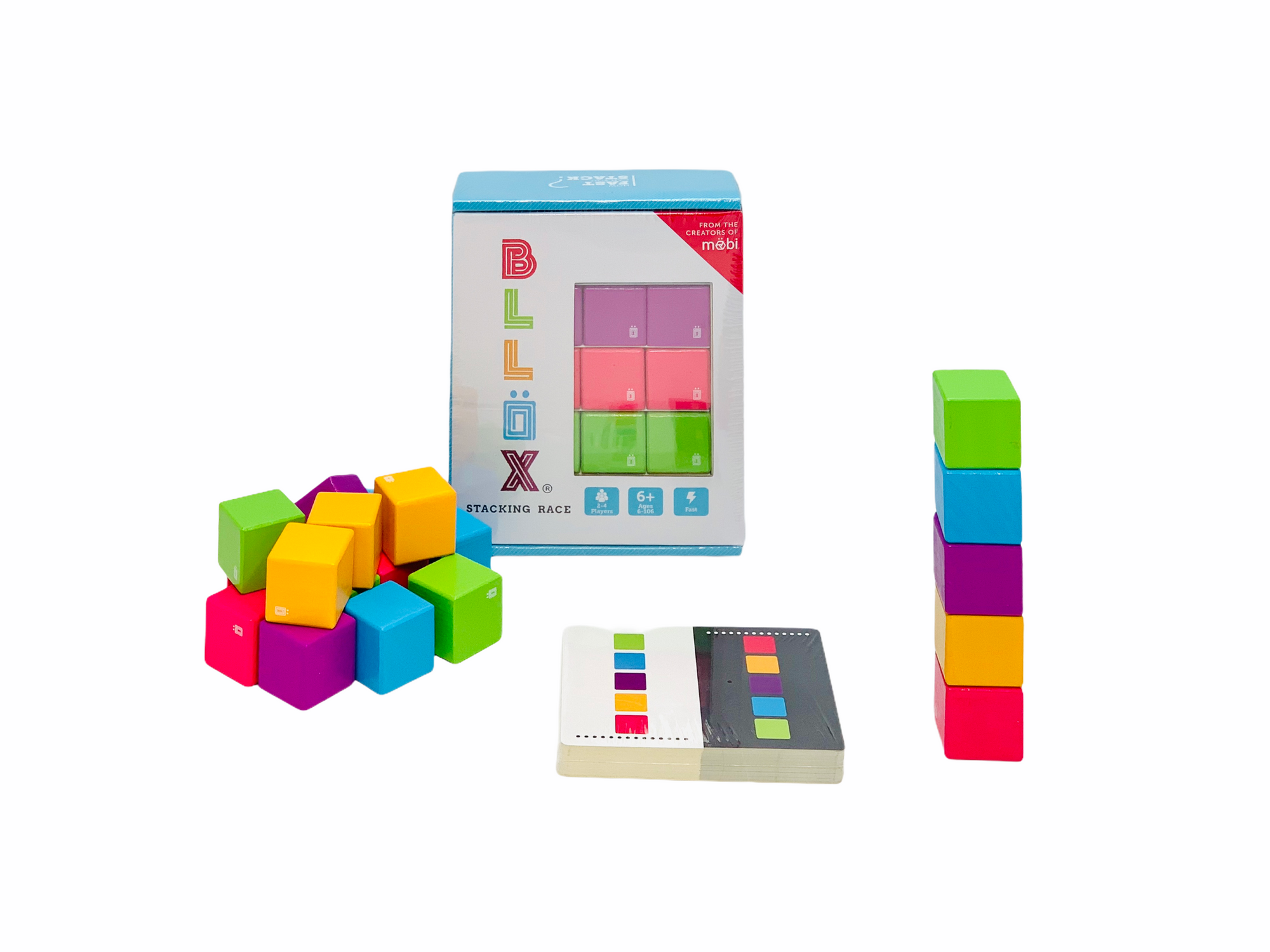 BLLOX Stacking Race Game with coloured blocks and playing cards laid out in front of packaging on white background