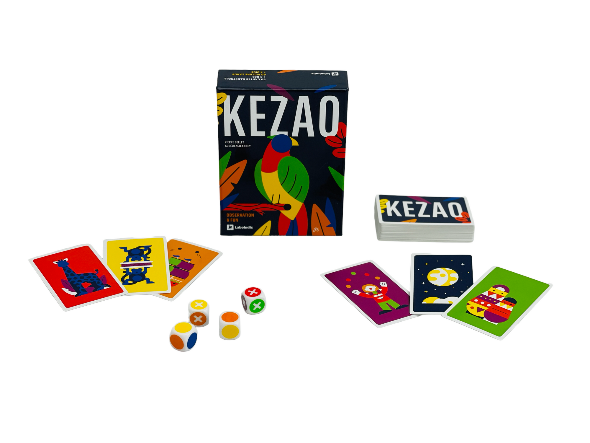 the Kezao Card Game on display with the cards and dice in front of it's box