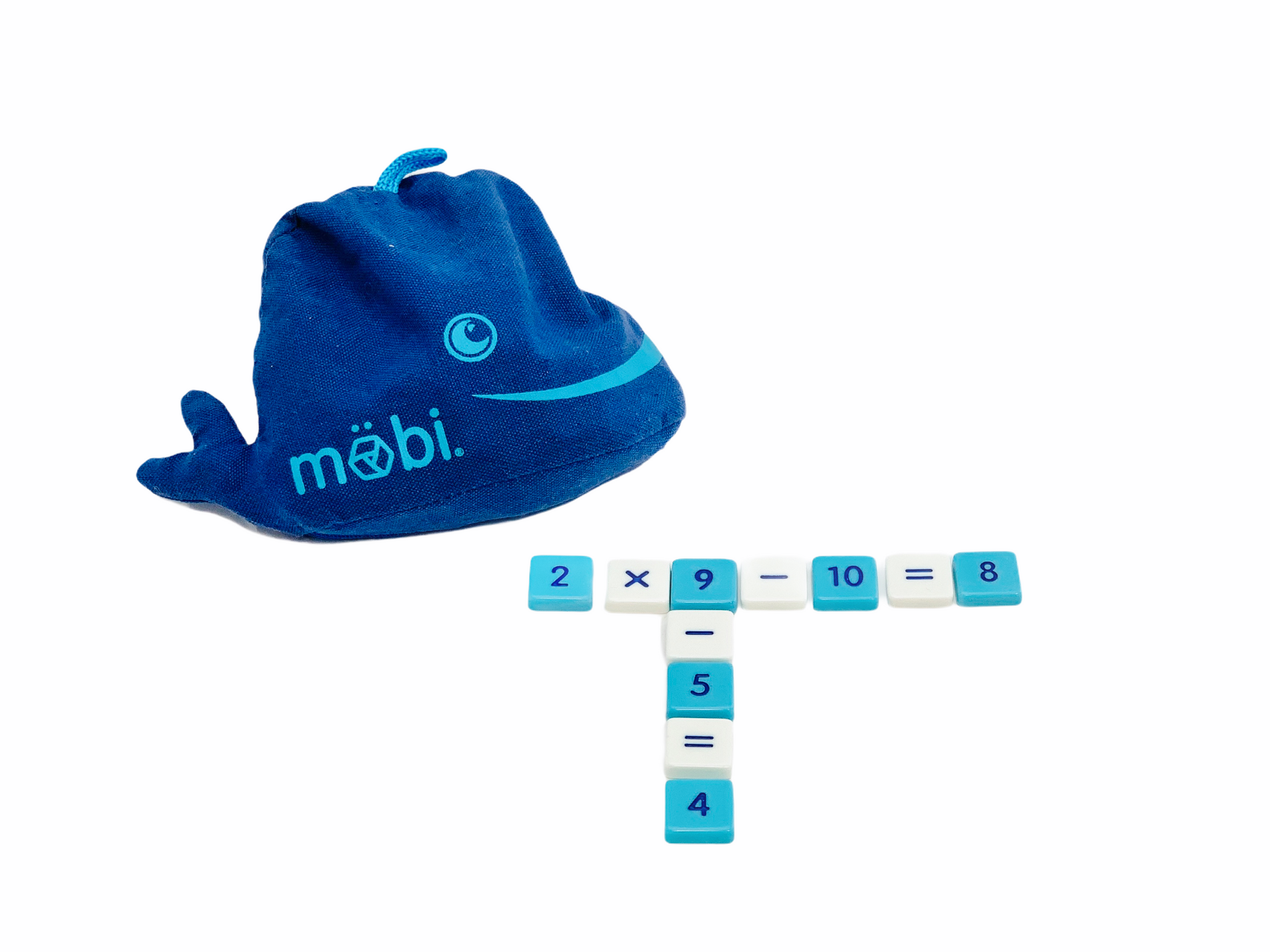 Mobi Maths Game storage bag sitting behind an equation set from the Mobi Maths Game 