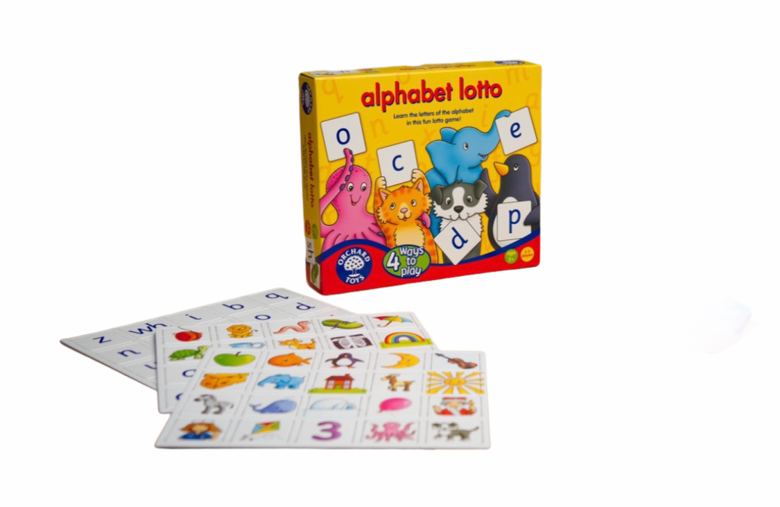 Orchard Alphabet Lotto game displayed with the cards in front of box