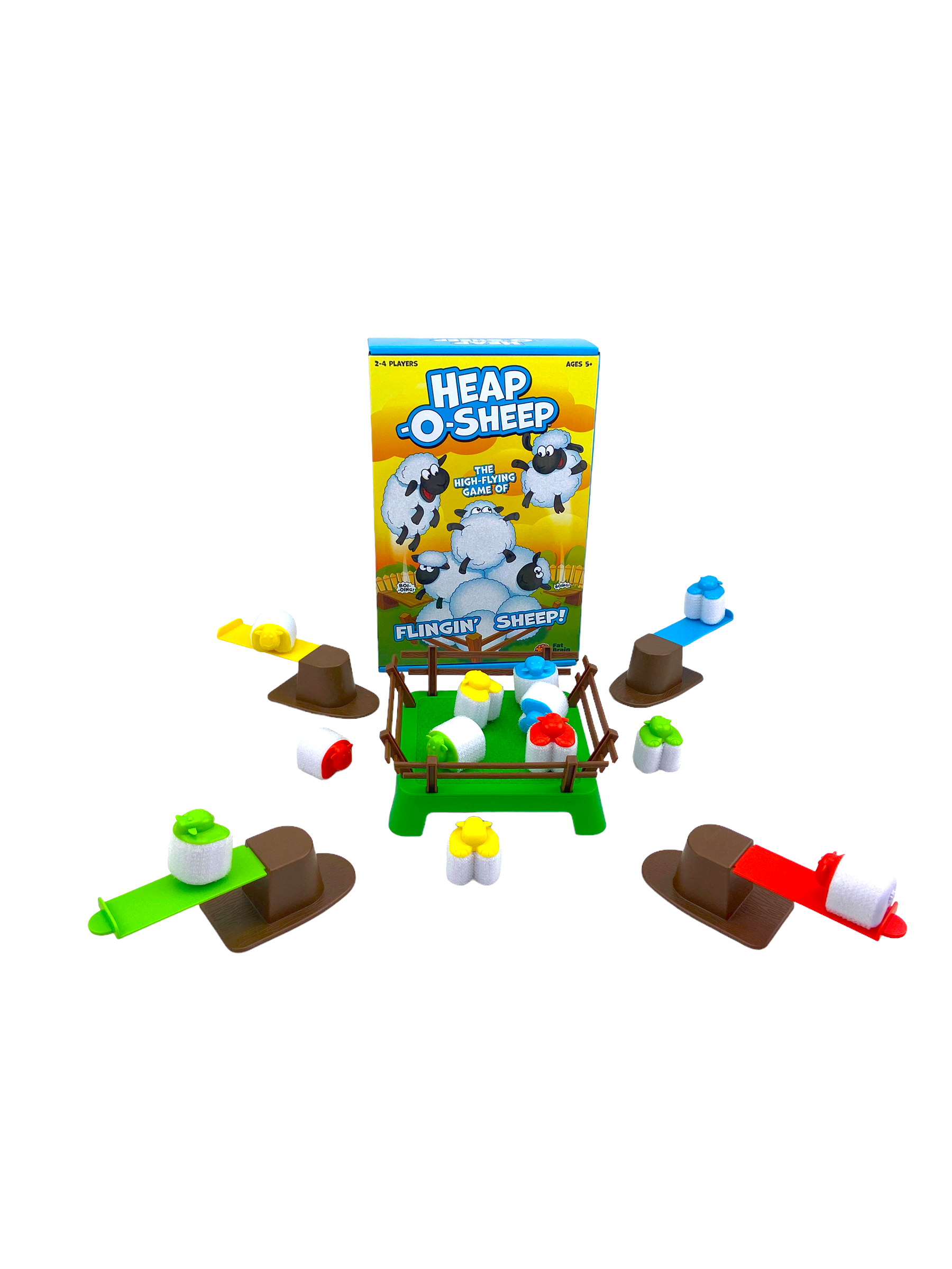 Fat Brain Heap-O-Sheep game with game parts laid out in front of box on white background