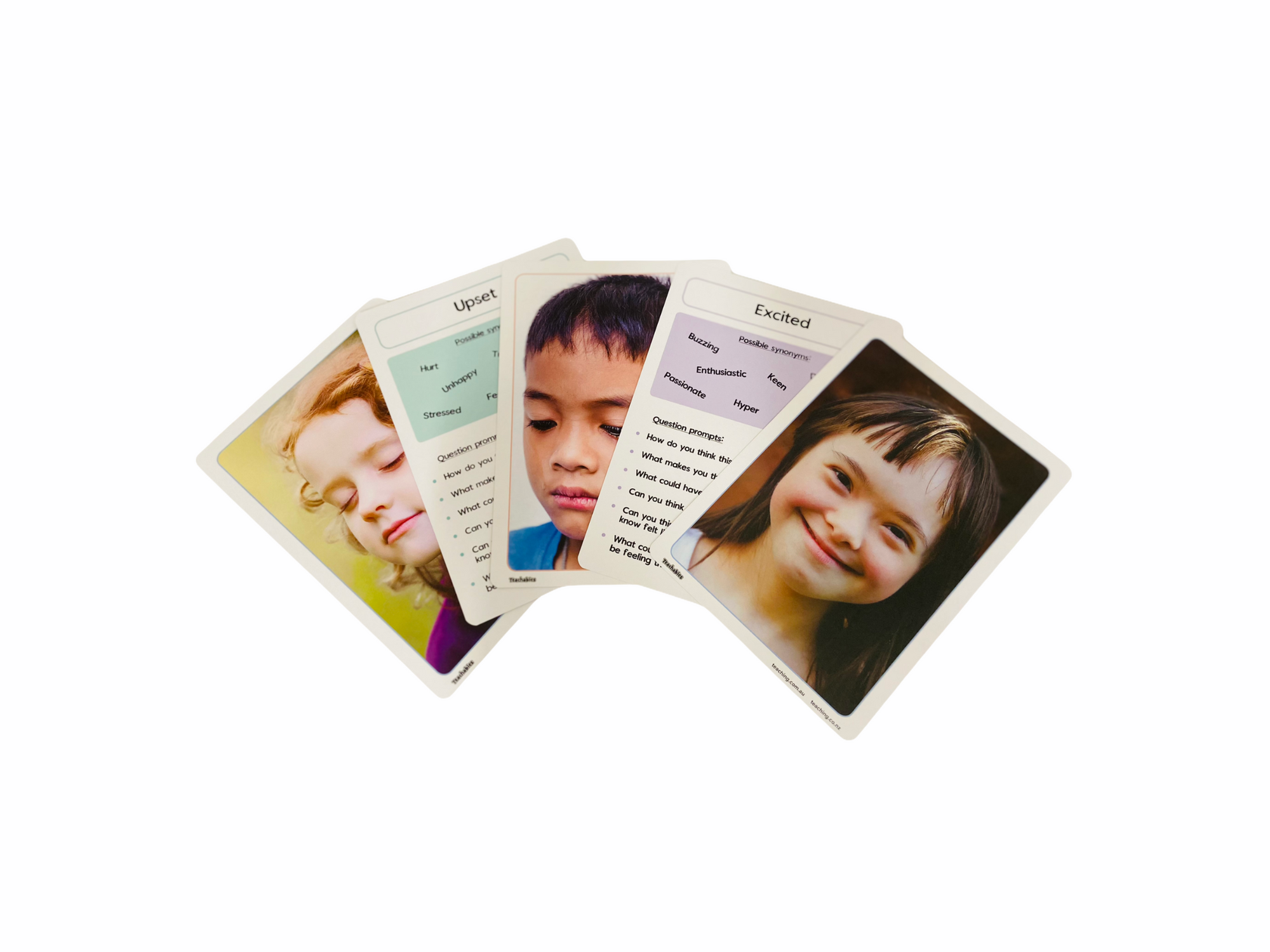 5 Teachables A4 Emotions Posters shown with children's faces  on 3 cards and descriptions on 2 cards