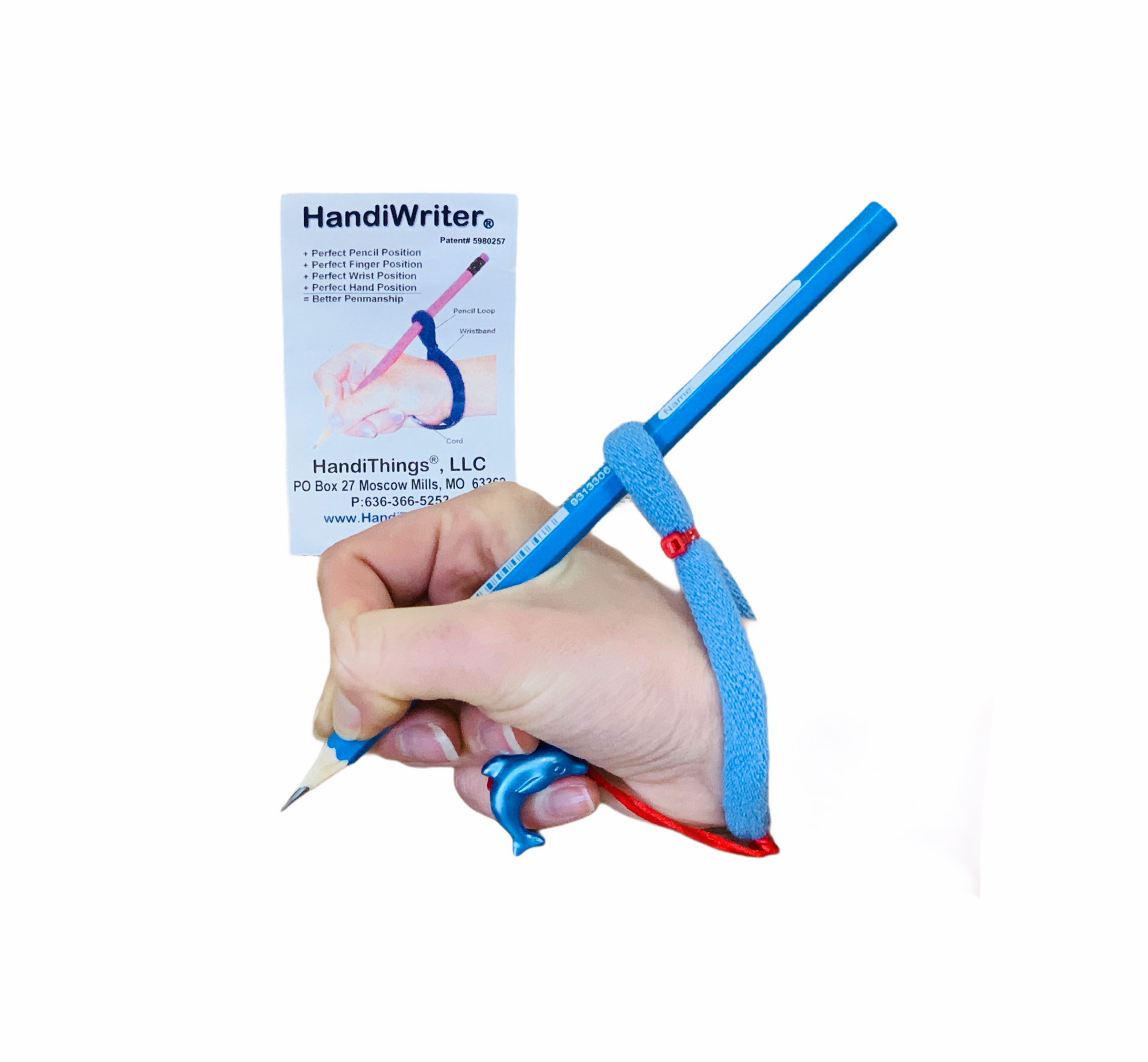 a hand using the HandiWriter - Blue in front of box