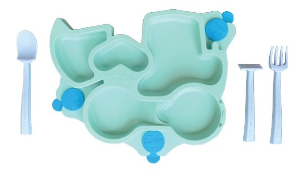 Constructive Baby - Teal Truck Plate with knife, fork spoon and pusher laid next to plate in white background