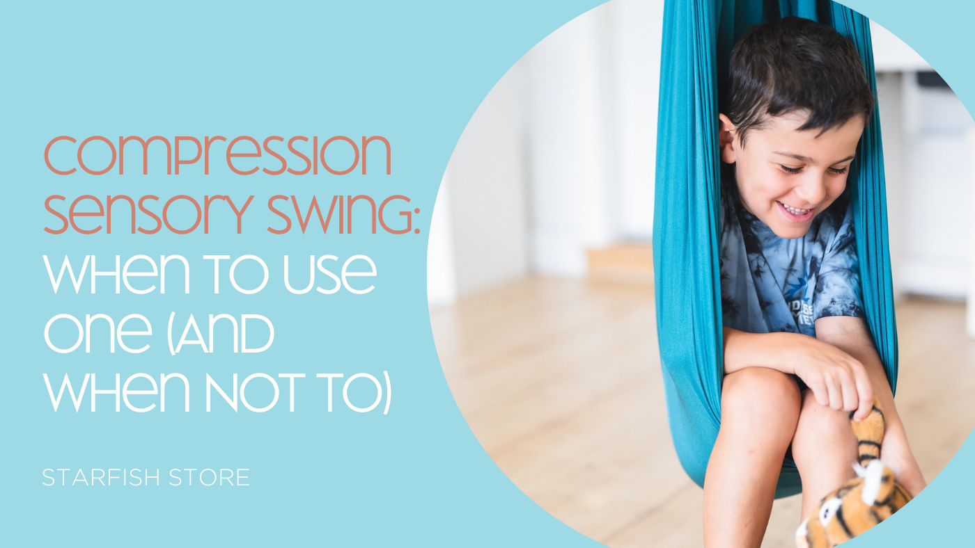 The cover image for the blog "Compression Sensory Swing: When to Use One (And When Not To)" with a young boy swinging in a blue compression sensory swing