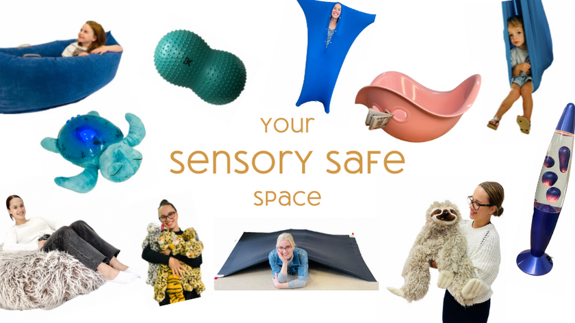 Products to include for your Sensory Safe Space and title image for blog with more information. Includes bean bags, lava lamps and sensory swings
