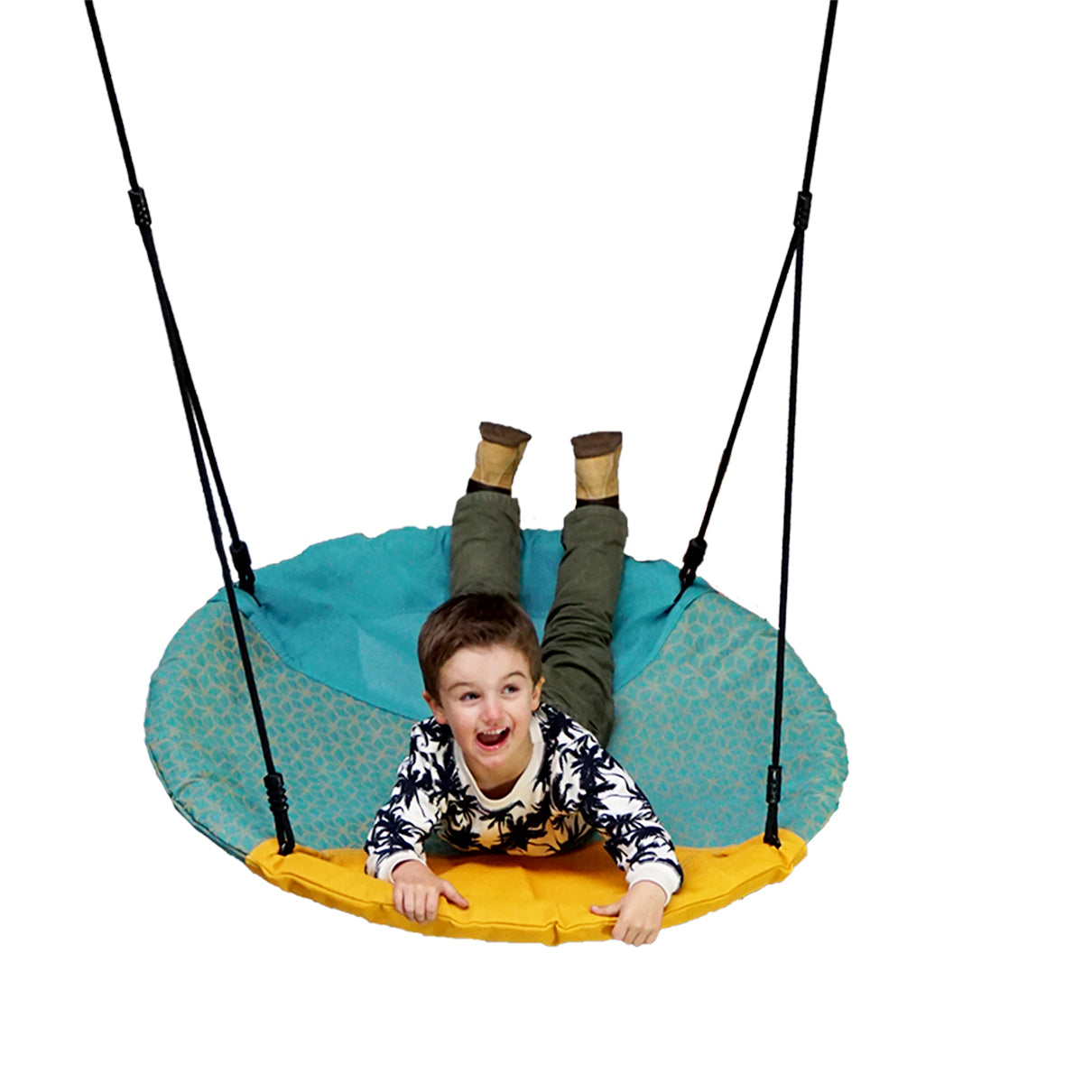 a young boy lying in the KBT Round Nest Swing
