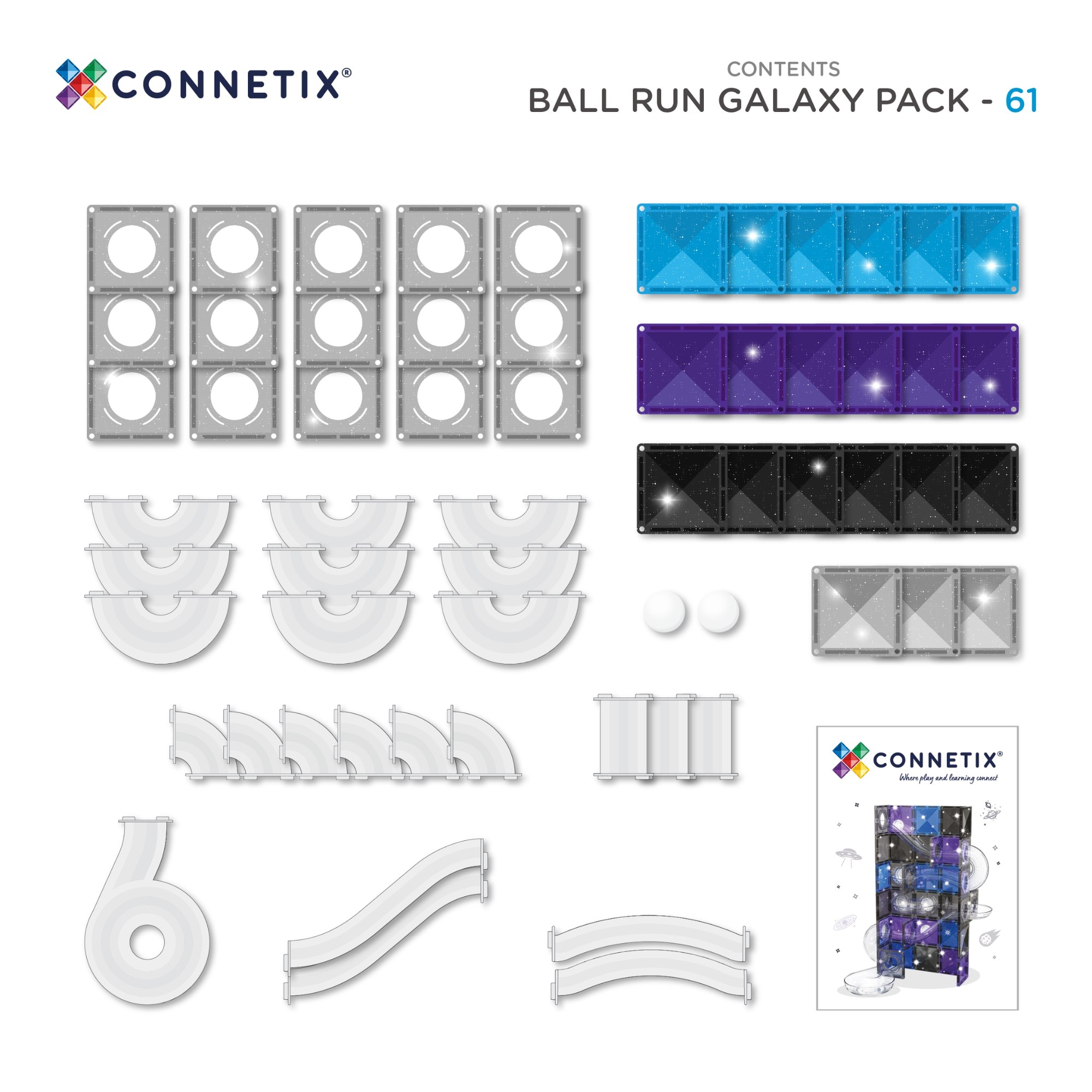 The contents from the Connetix Ball Run - Galaxy Pack 61pc