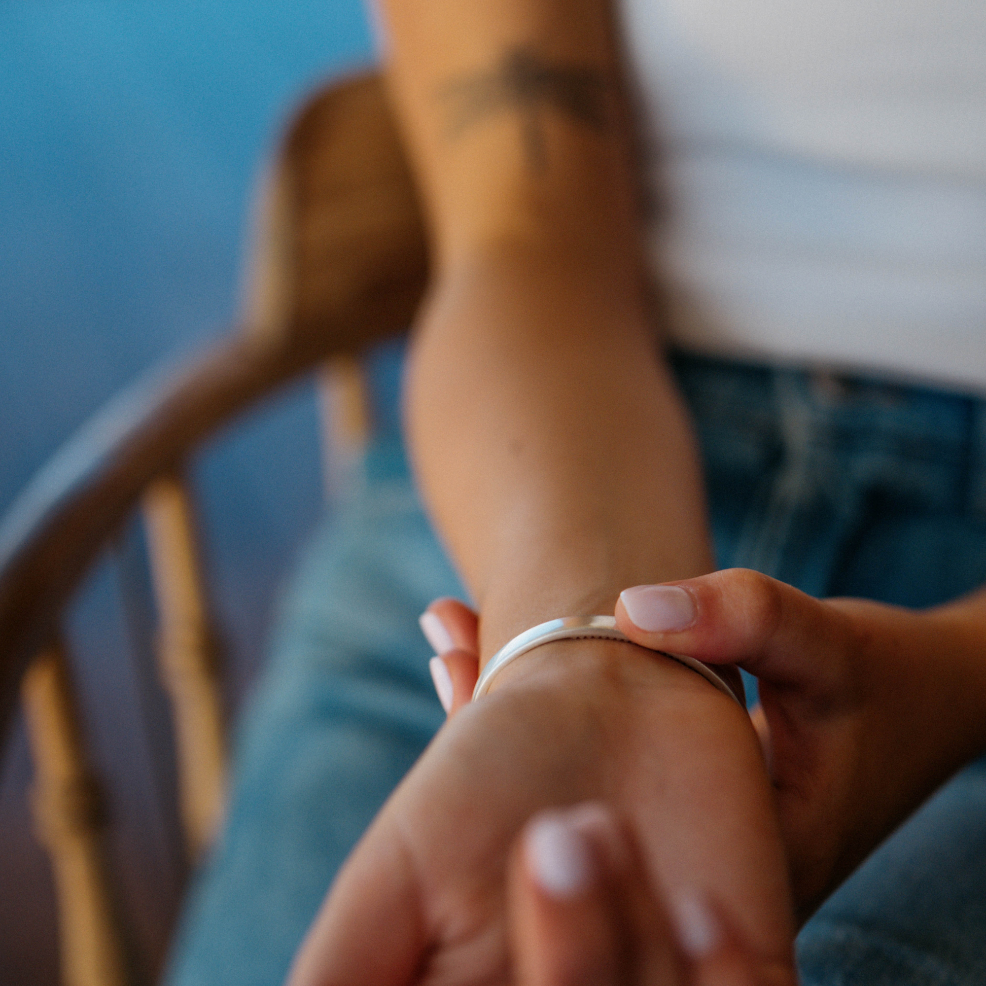 the Star &amp; Co Anxiety Jewellery - The Annika Cuff worn on a womans wrist