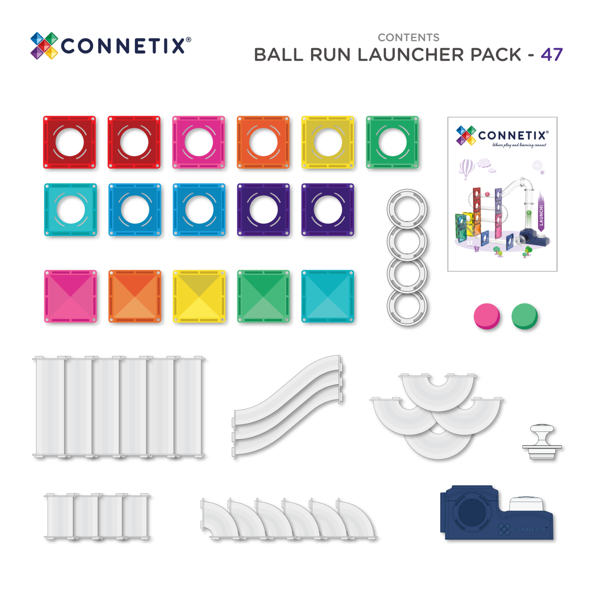 The contents from the Connetix Ball Run - Launcher Pack 47pc pack