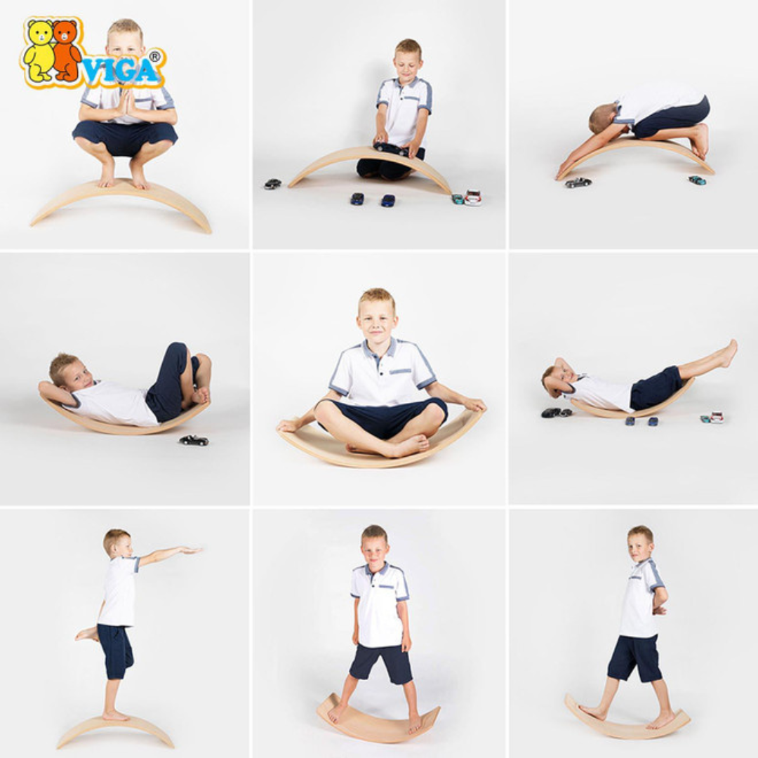 A young boy showing 9 different ways to use the VIGA Wooden Balancing Board