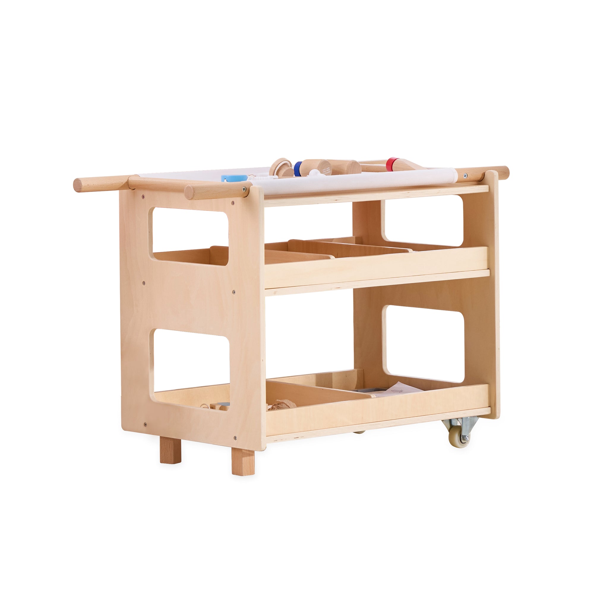 Wooden play table with shelves and a white surface from the Viga Super Ambulance Set, pictured on a white background