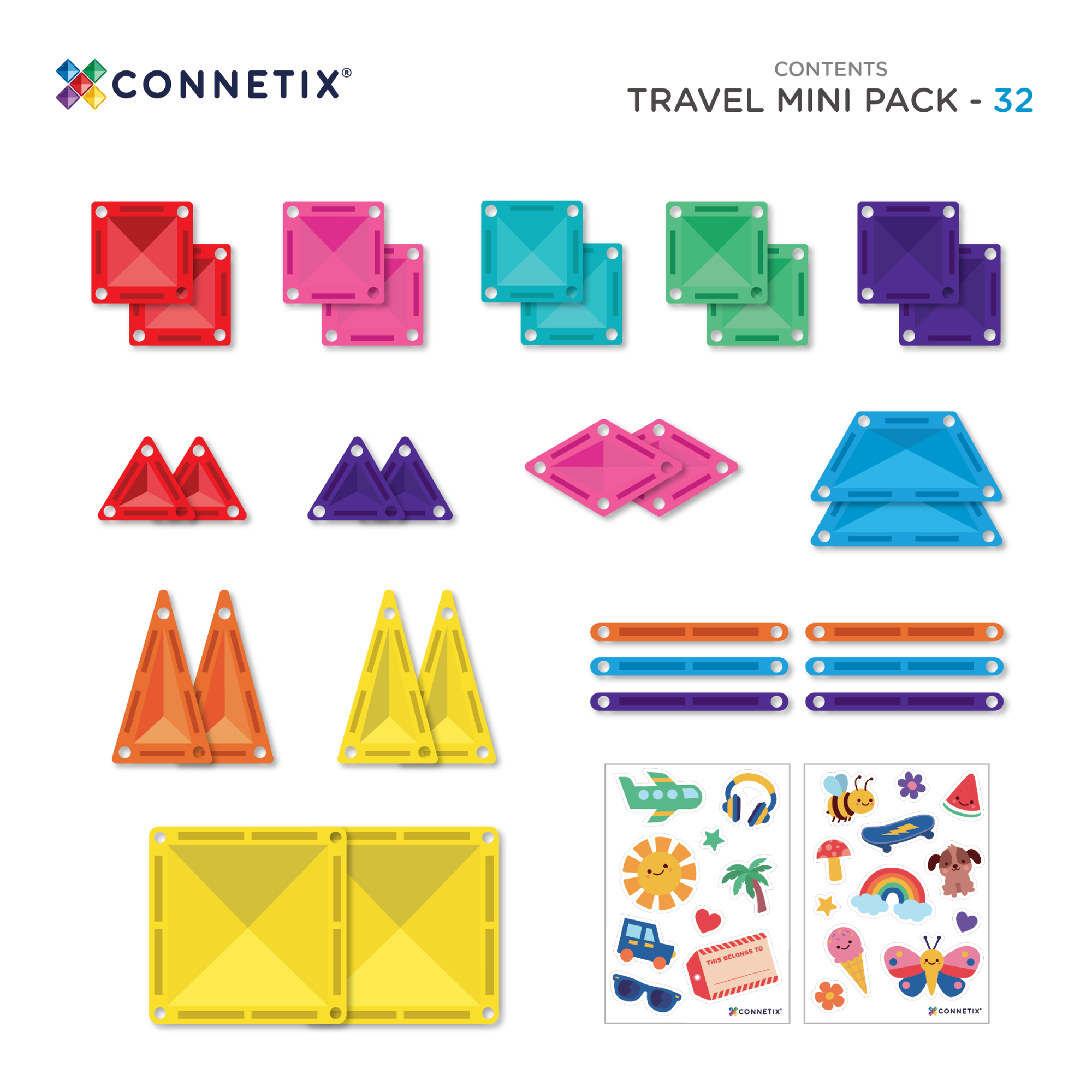 the contents from the Connetix Tiles - Travel Mini Pack 32pc