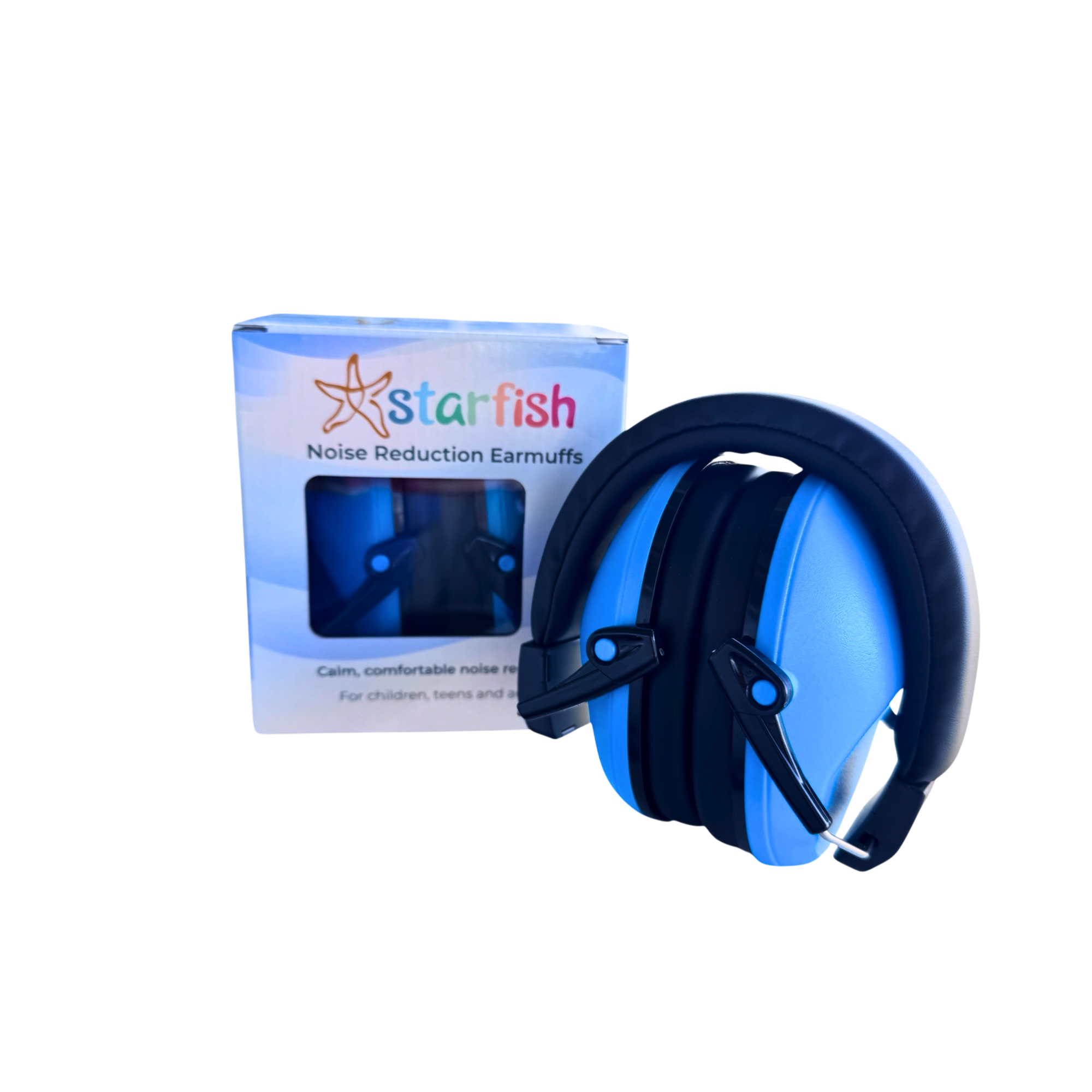 The blue Starfish Noise Reduction Earmuffs pictured next to it's box on a white background