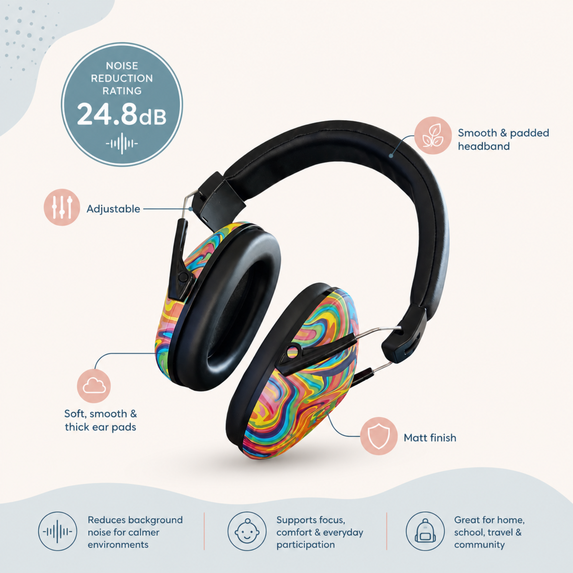 Starfish Noise Reduction Earmuffs with a colourful swirl pattern on the ear cups and black headband, shown on a light beige background with feature callouts and a noise reduction rating badge.