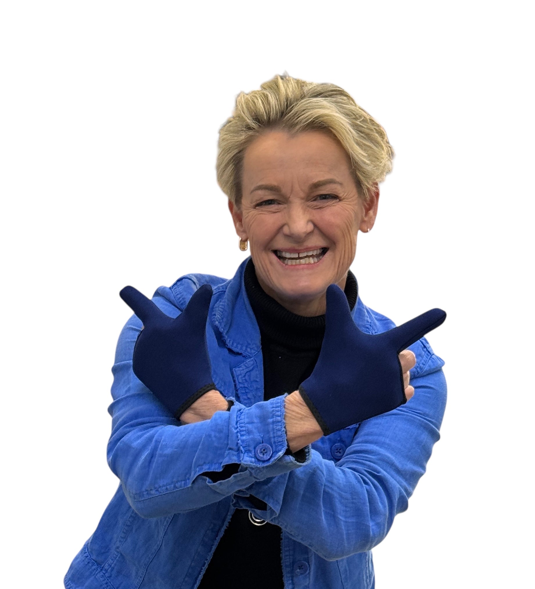 A woman wearing the child Adaptive Chewy Gloves