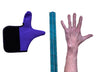Purple and black Adaptive Chewy Gloves next to a ruler and a hand on a white background