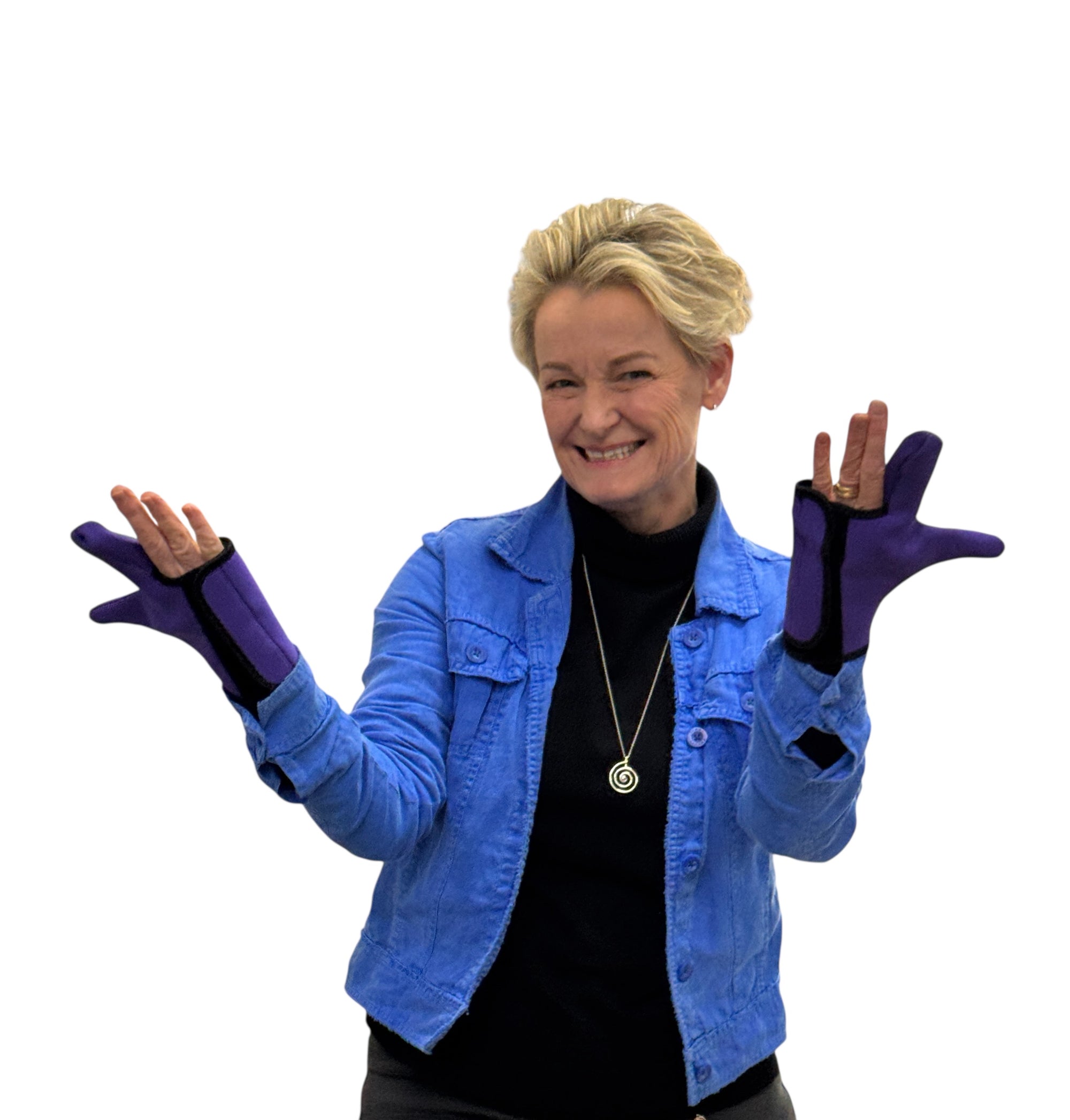 A woman wearing the purple adult Adaptive Chewy Gloves
