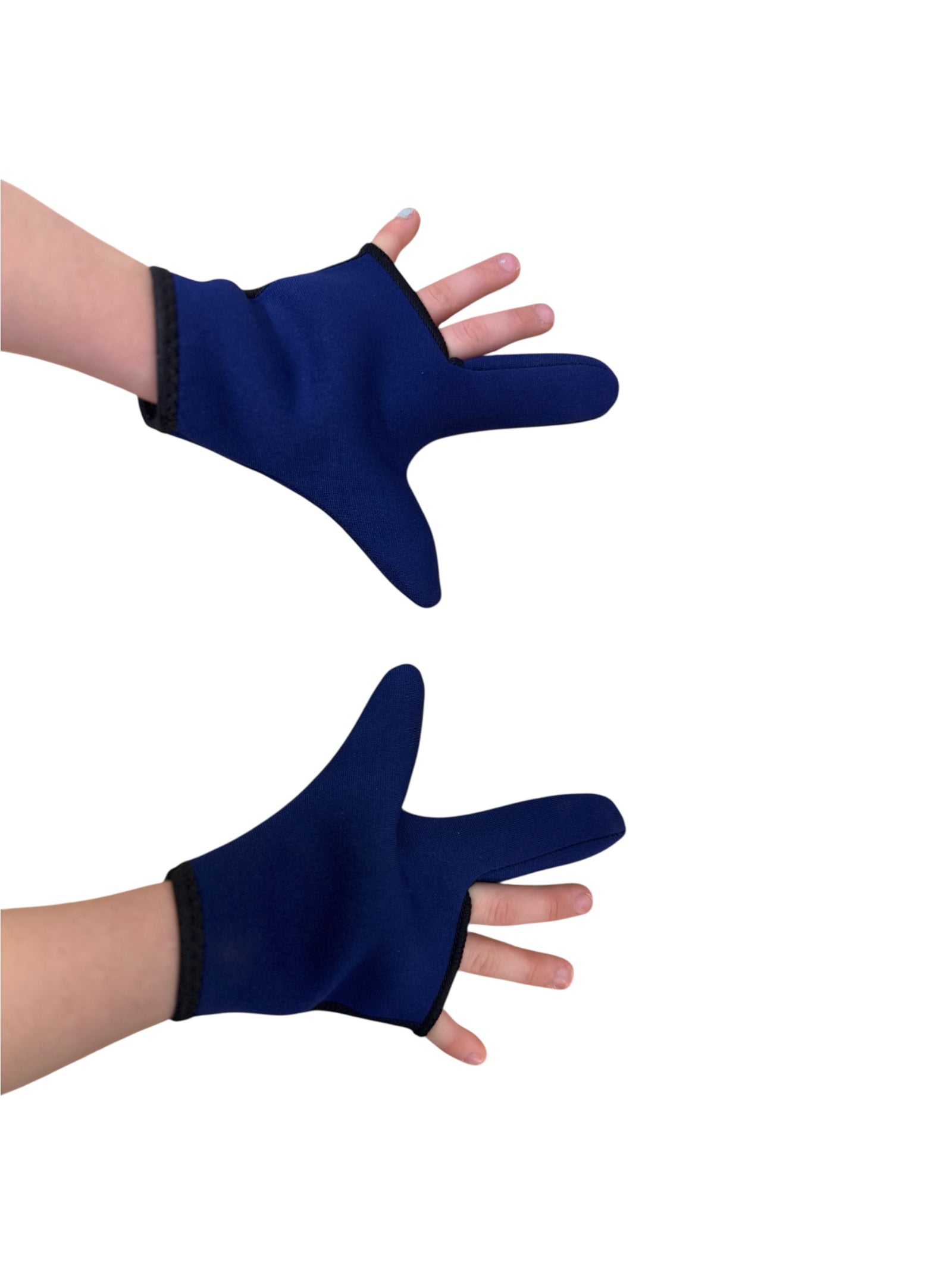 The navy blue child Adaptive Chewy Gloves worn by a person
