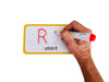 A hand writing the letter &#39;r&#39; on a flashcard from the Alphabet Matching Flashcards and Magnetic Letters set