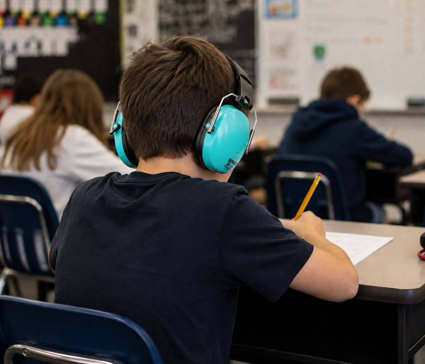 A child wearing the Banz Kids Earmuffs - Lagoon Blue