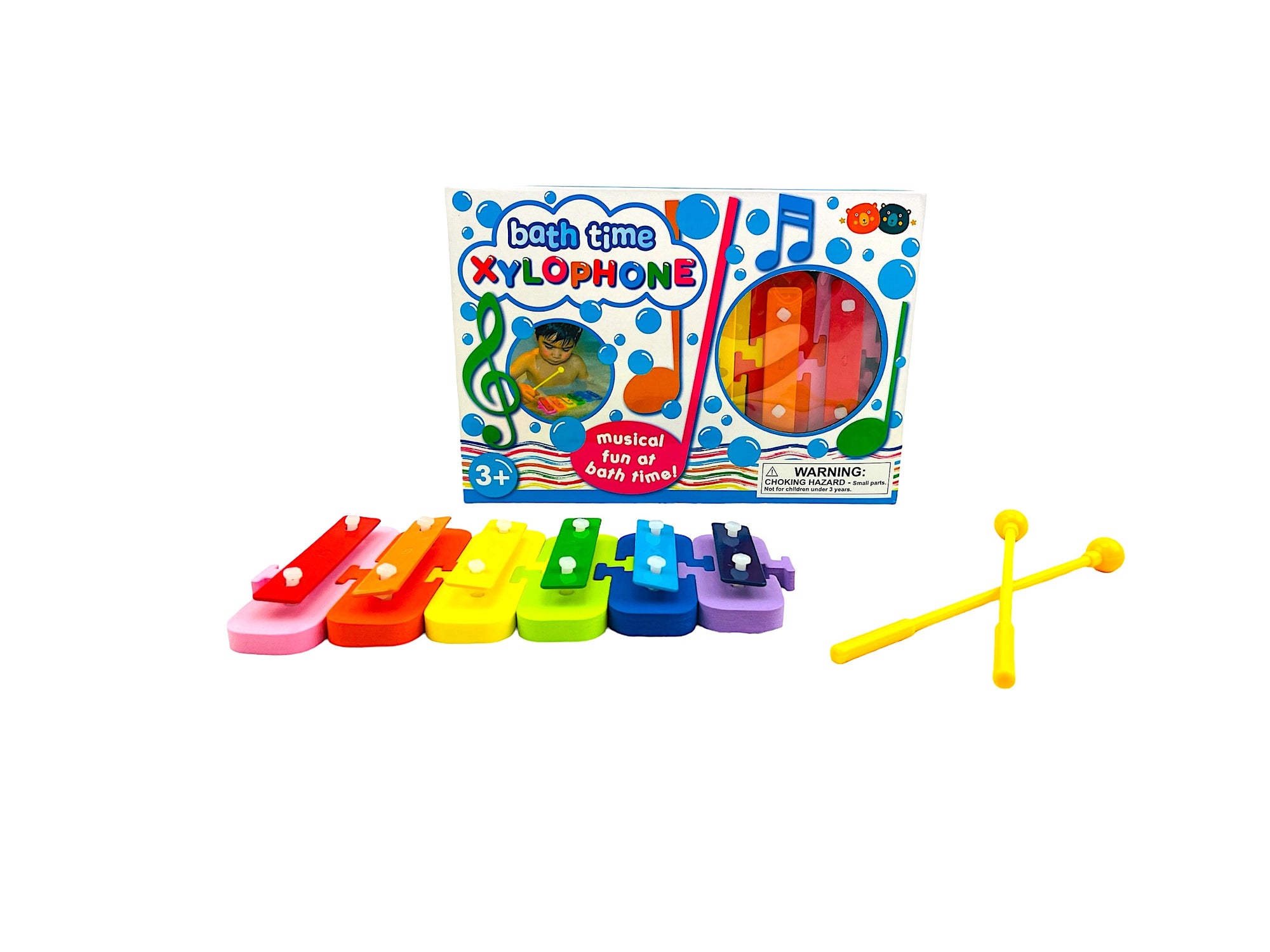 the Buddy & Barney Bath Time Xylophone on display with contents in front of box and pictured on a white background