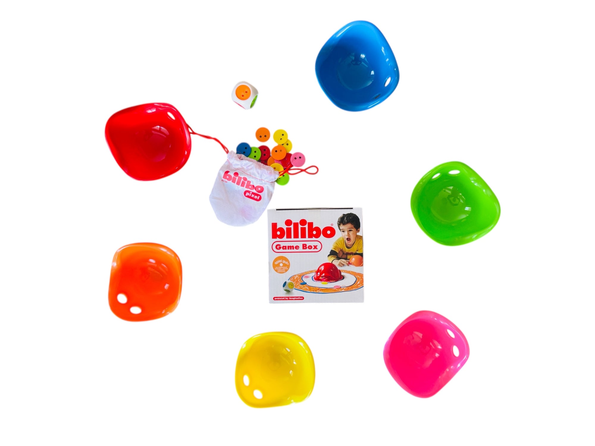 Colorful plastic toys with a Bilibili game box on a white background