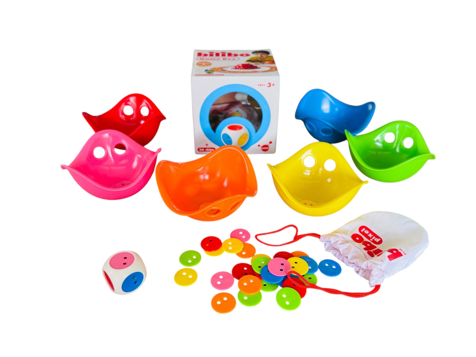 All of the contents from the Bilibo Game Box pictured one a white background