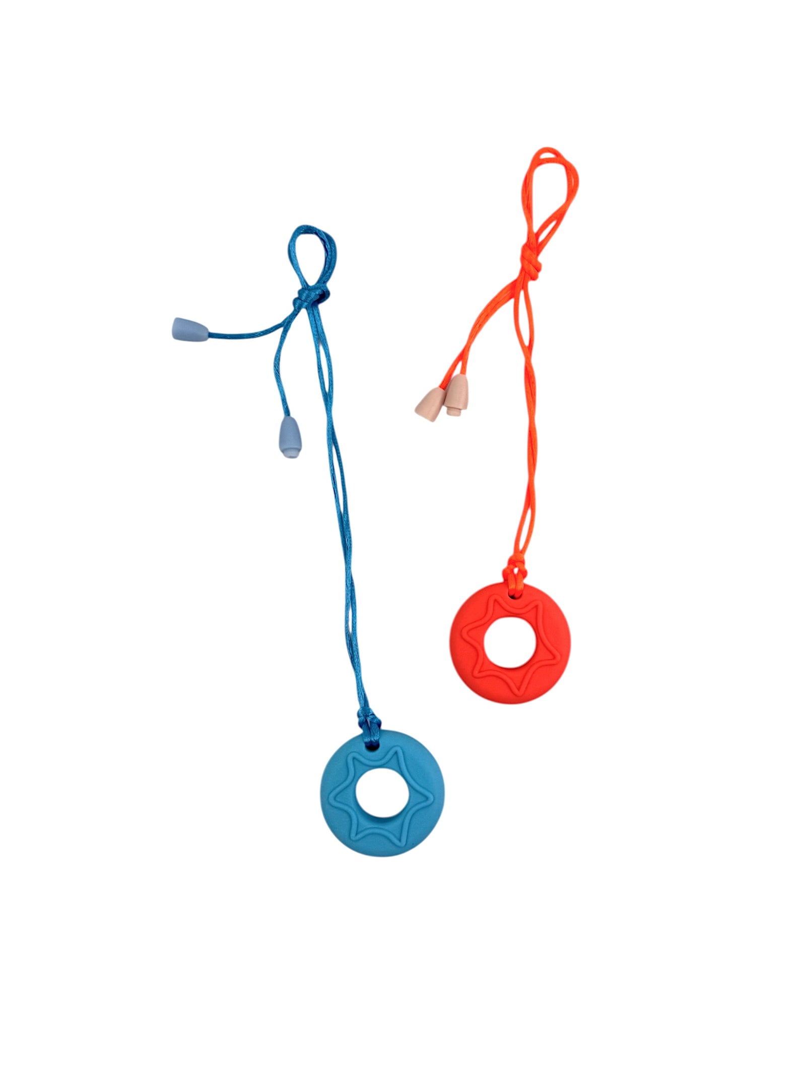 The blue and orange Chewy Charms Necklace Chew - Donut Mini pictured on white background