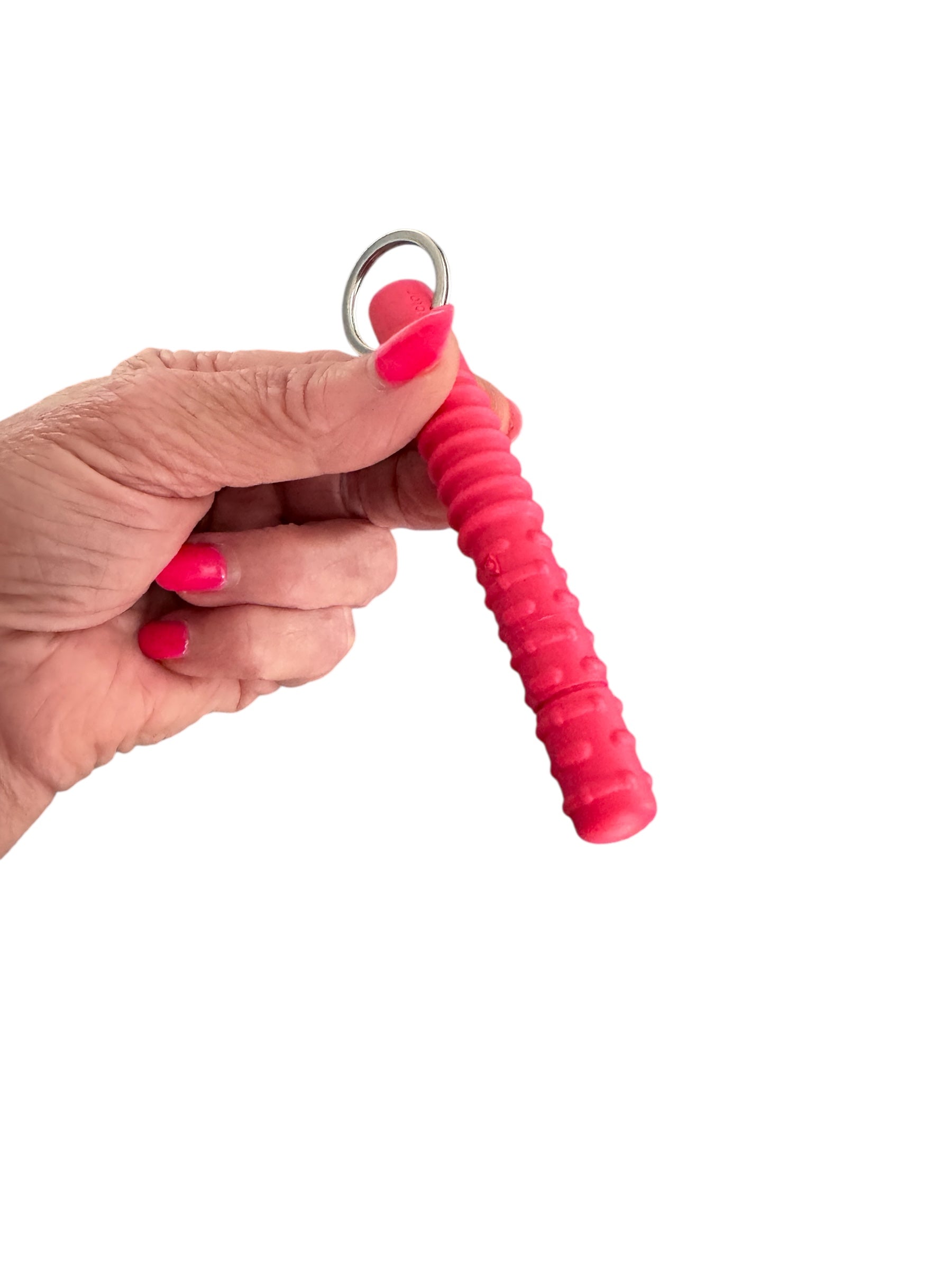 a hand holding the red Chubuddy Zipper Zilla Chew