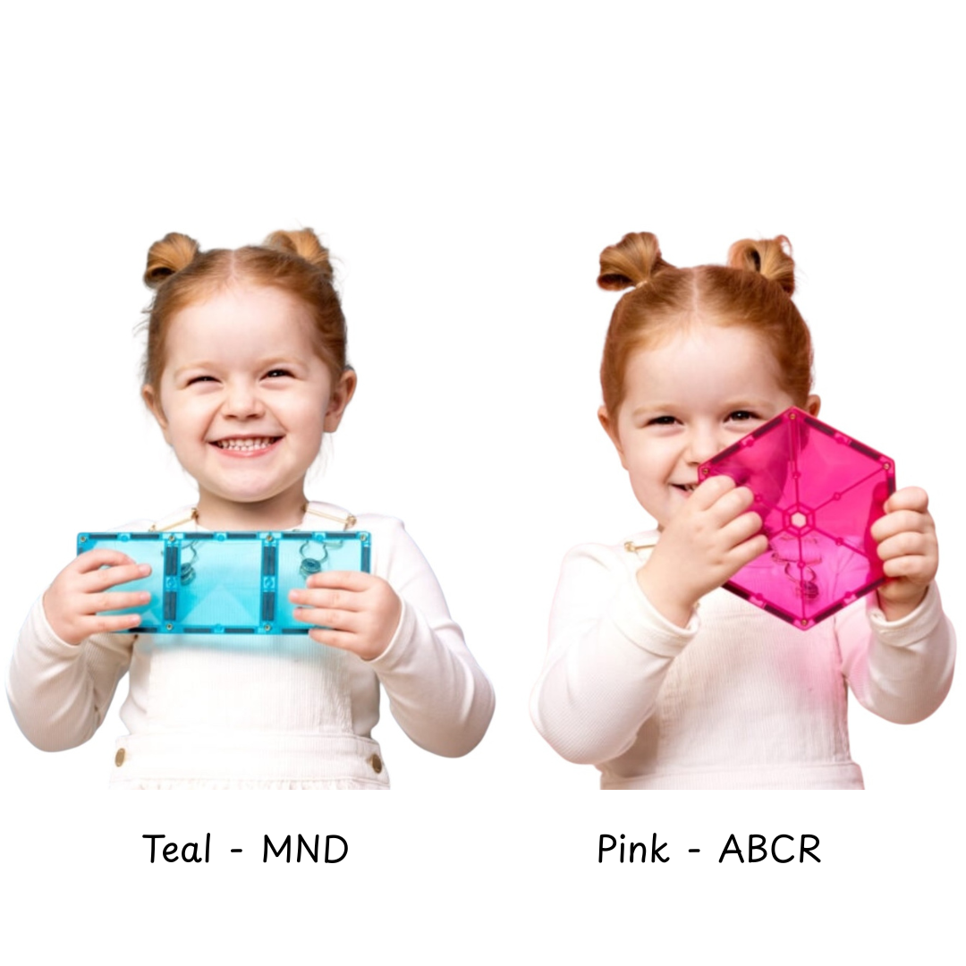 Two children holding teal and pink Connetix Tiles - Charity Pack with labels 'Teal - MND' and 'Pink - ABCR'.