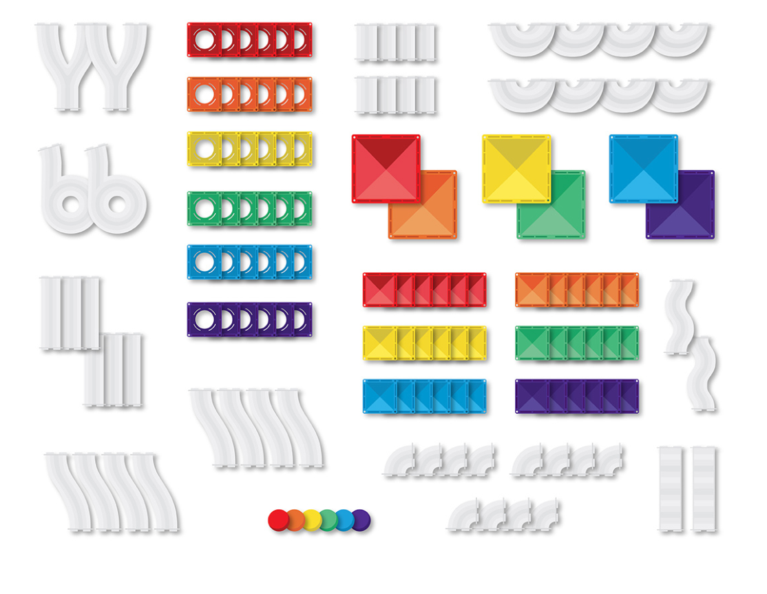 the pieces from the Connetix Super Ball Run Pack - Rainbow 134pc pictured one a white background