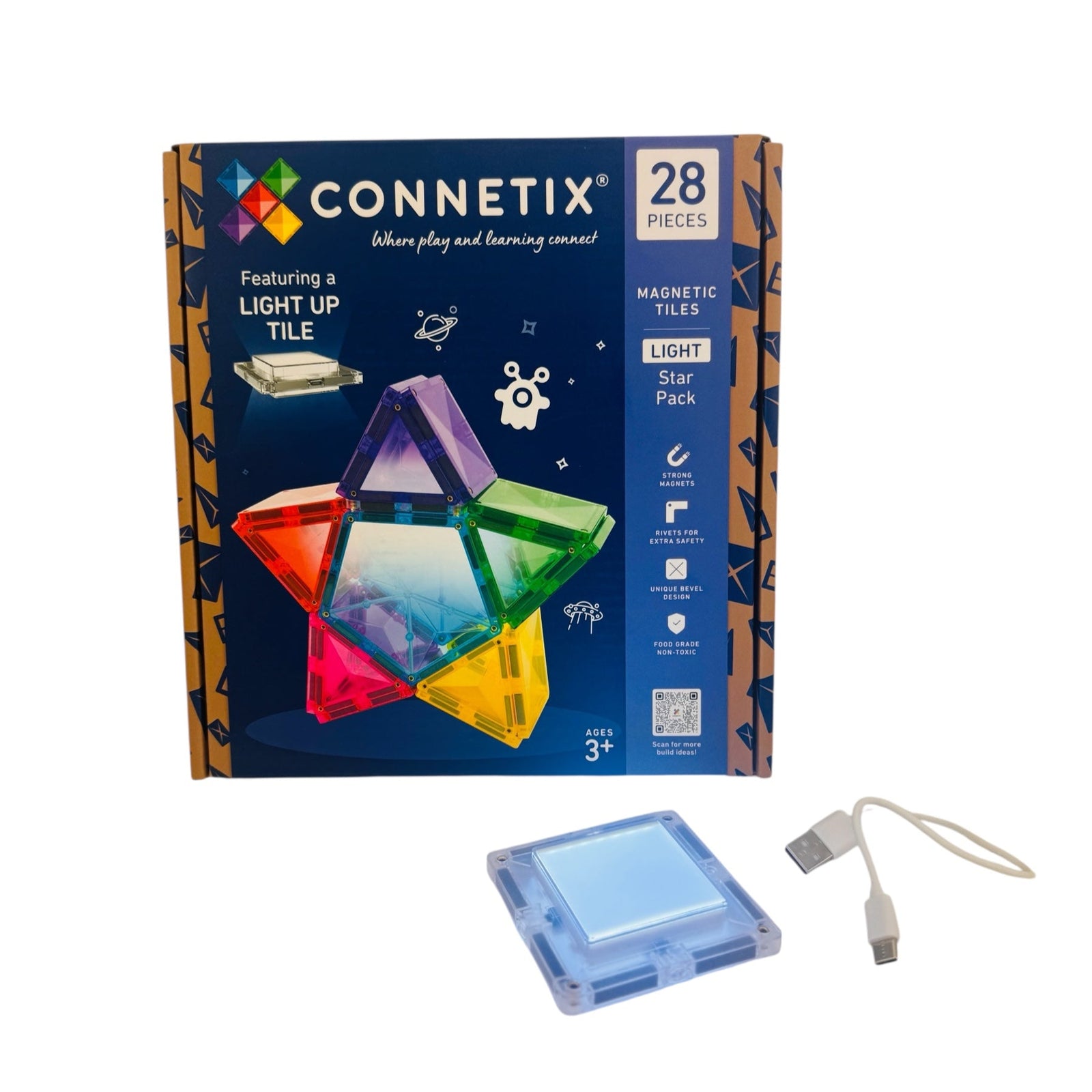 Connetix magnetic tiles packaging with light-up tile and USB cable on a white background