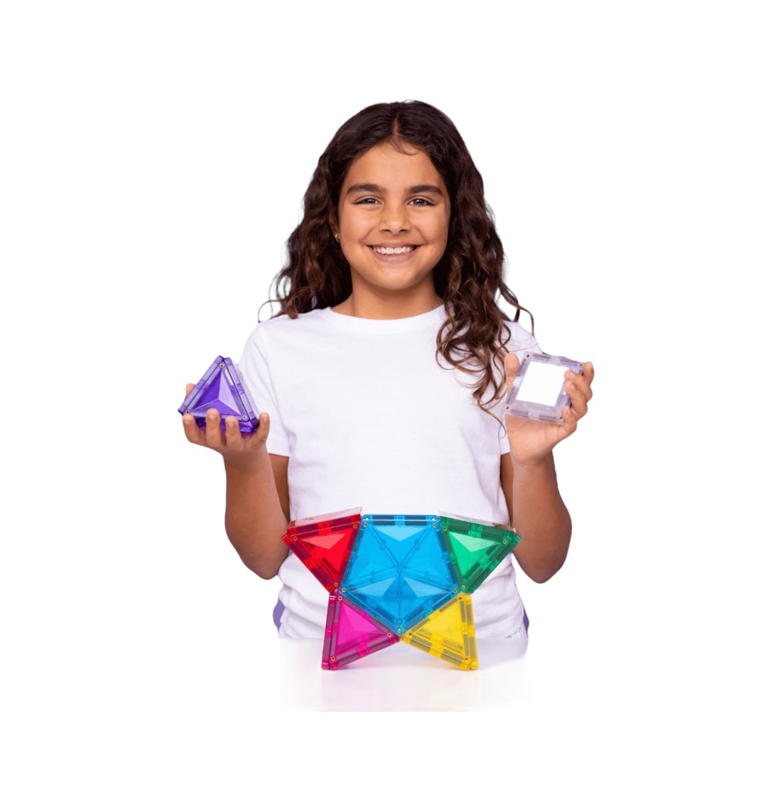 Girl holding Connetix Tiles-Light Star Pack against a white background