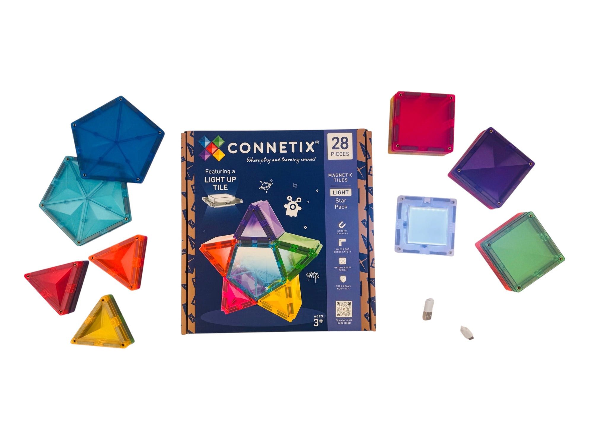 Connetix geometric building blocks set with colorful blocks and packaging on a white background
