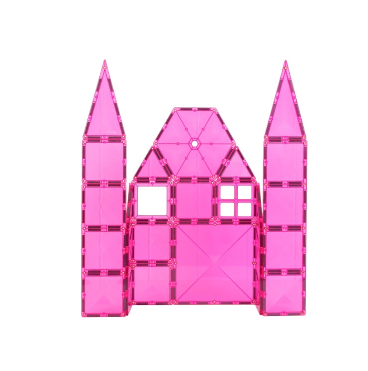 The pink Connetix Tiles - Charity Pack set up as a castle on a white background
