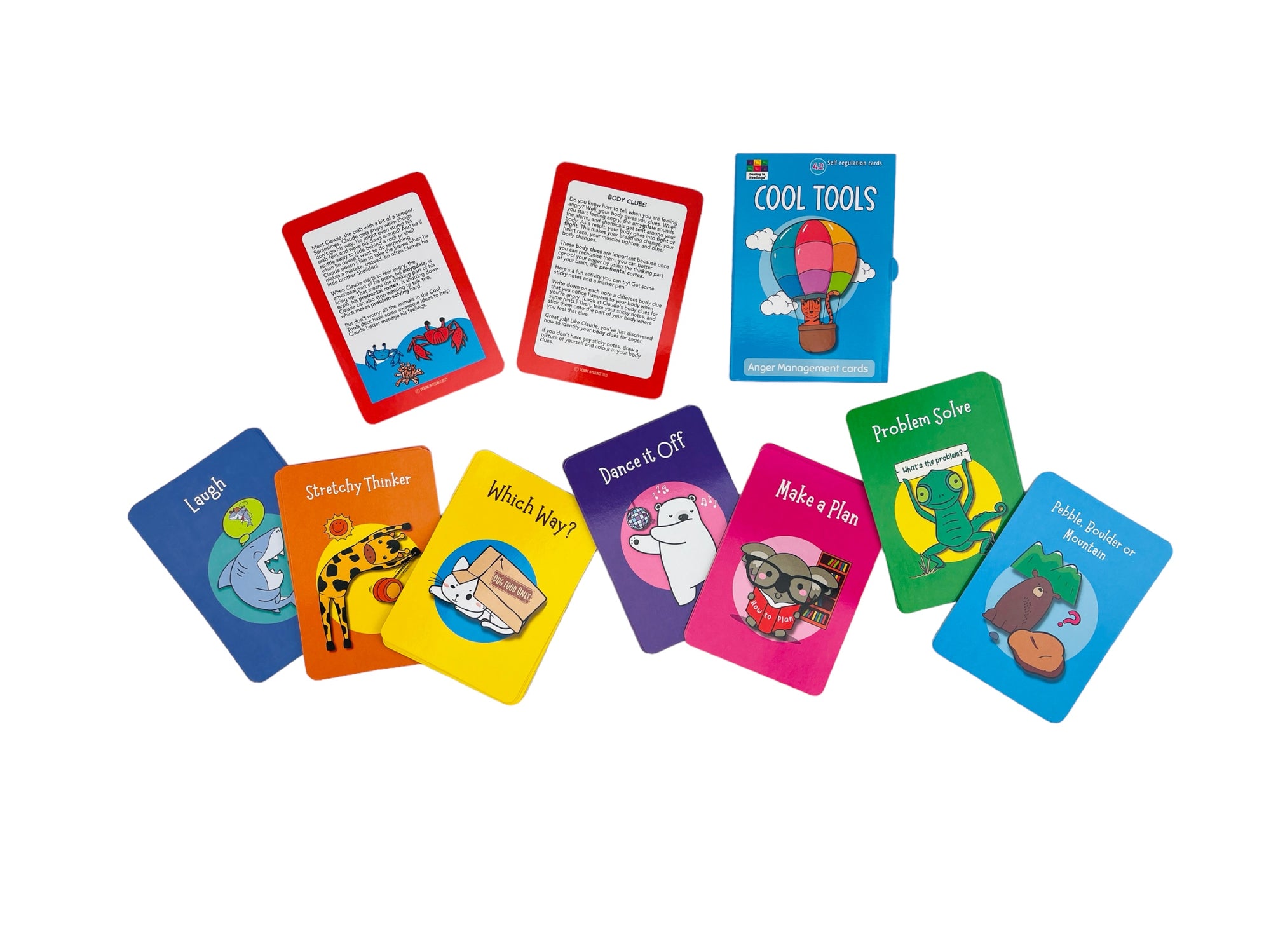 the Cool Tools Anger Management &amp; Self Regulation Cards on display with cards spread out around box
