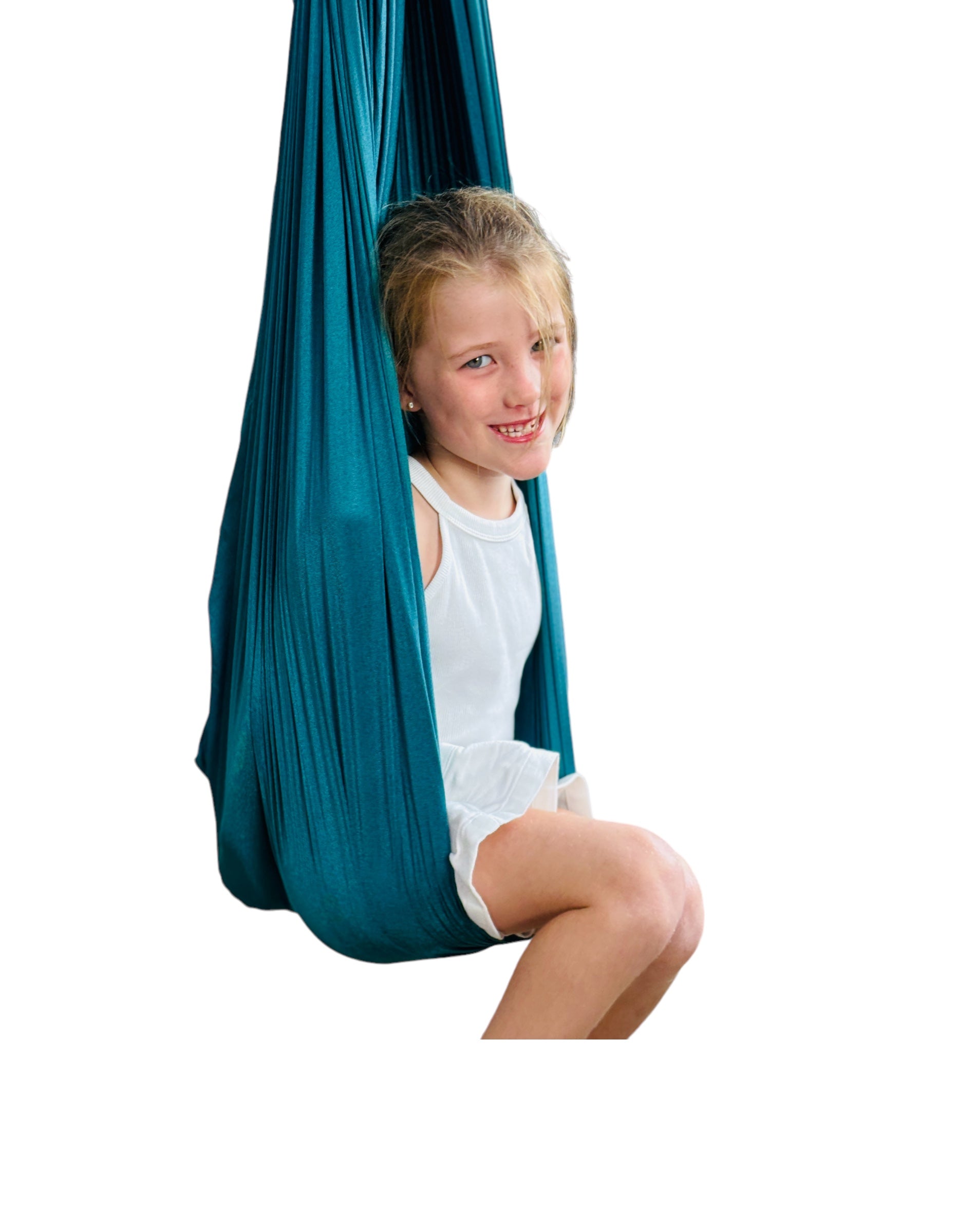 a young girl sitting in the Deluxe Compression Sensory Swing