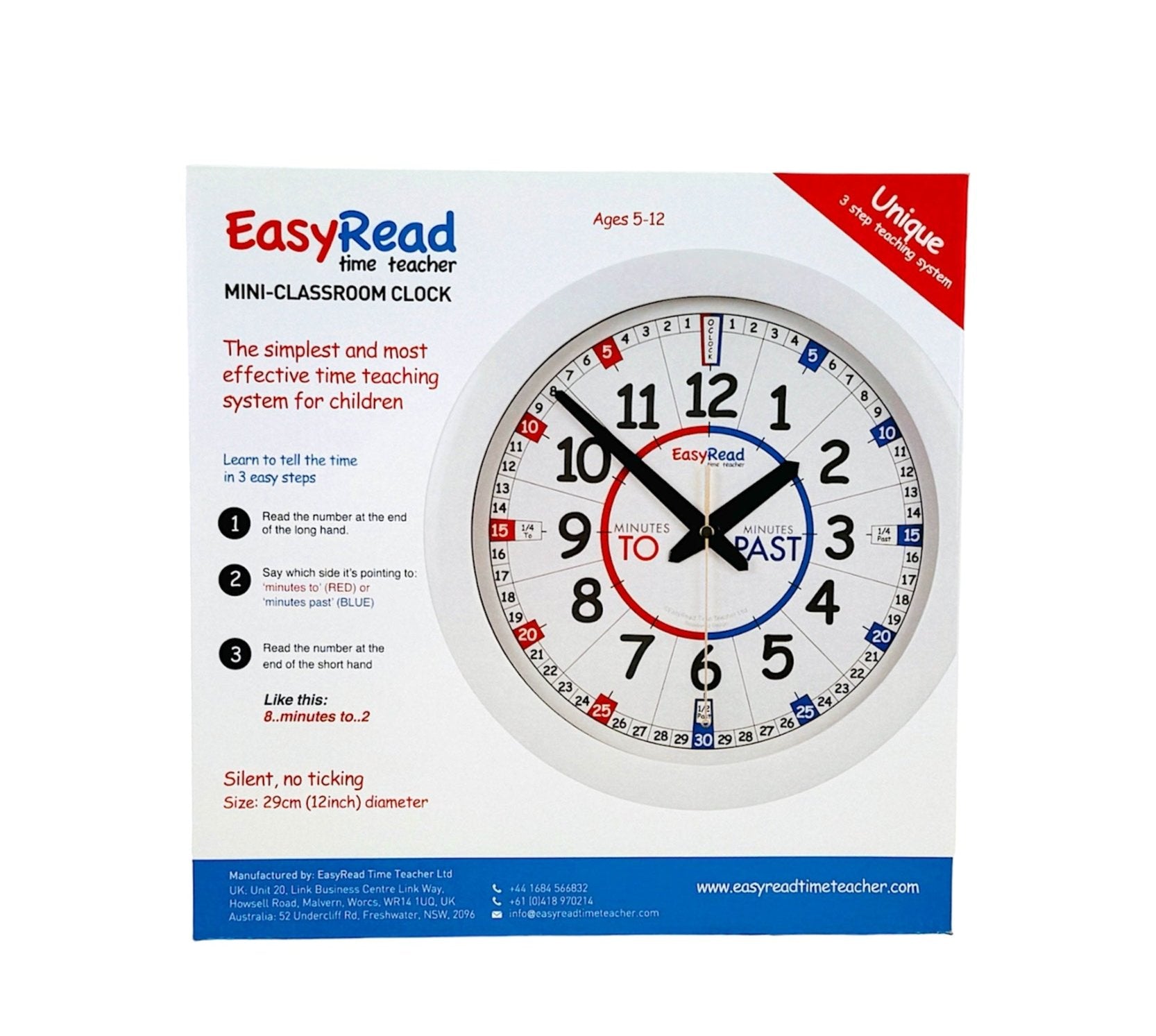 The blue and red easy reach clock pictured on a white background