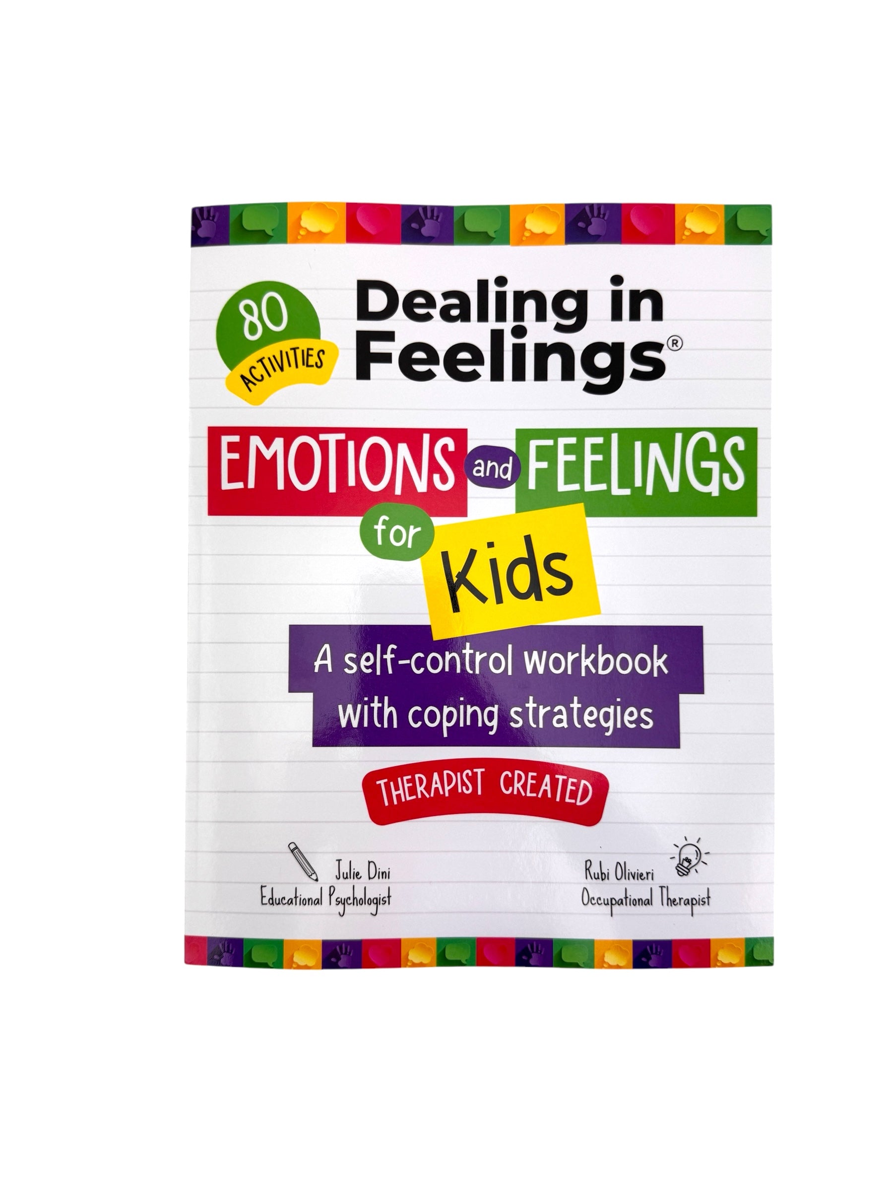 Dealing in Feelings: Emotions and Feelings for Kids workbook cover, featuring a lined paper background with colorful title blocks and a multicolor border.