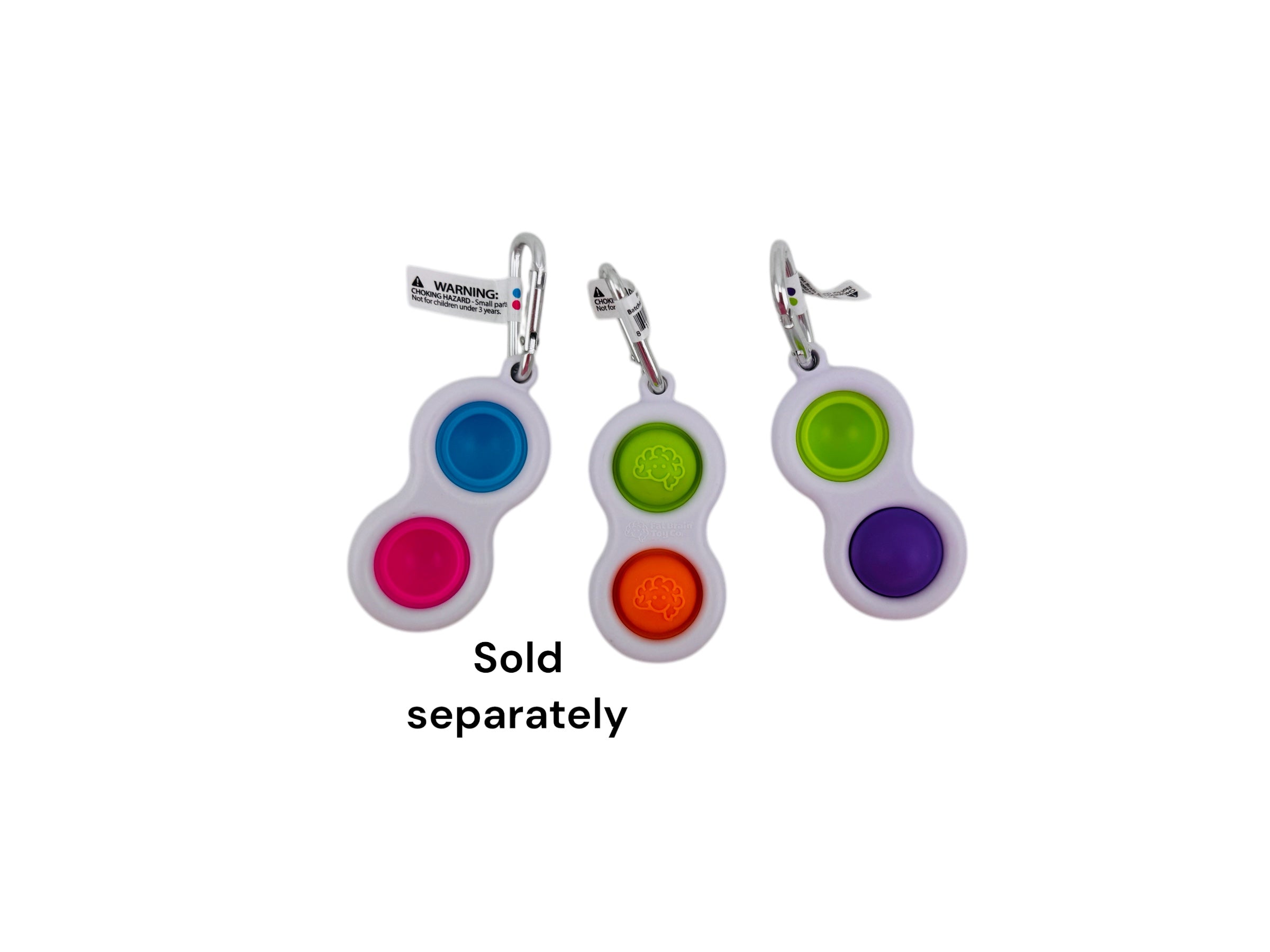 A collection of colorful Fat Brain Simpl Dimpl Fidget toys with attachable key rings, designed with smooth and textured silicone buttons.
