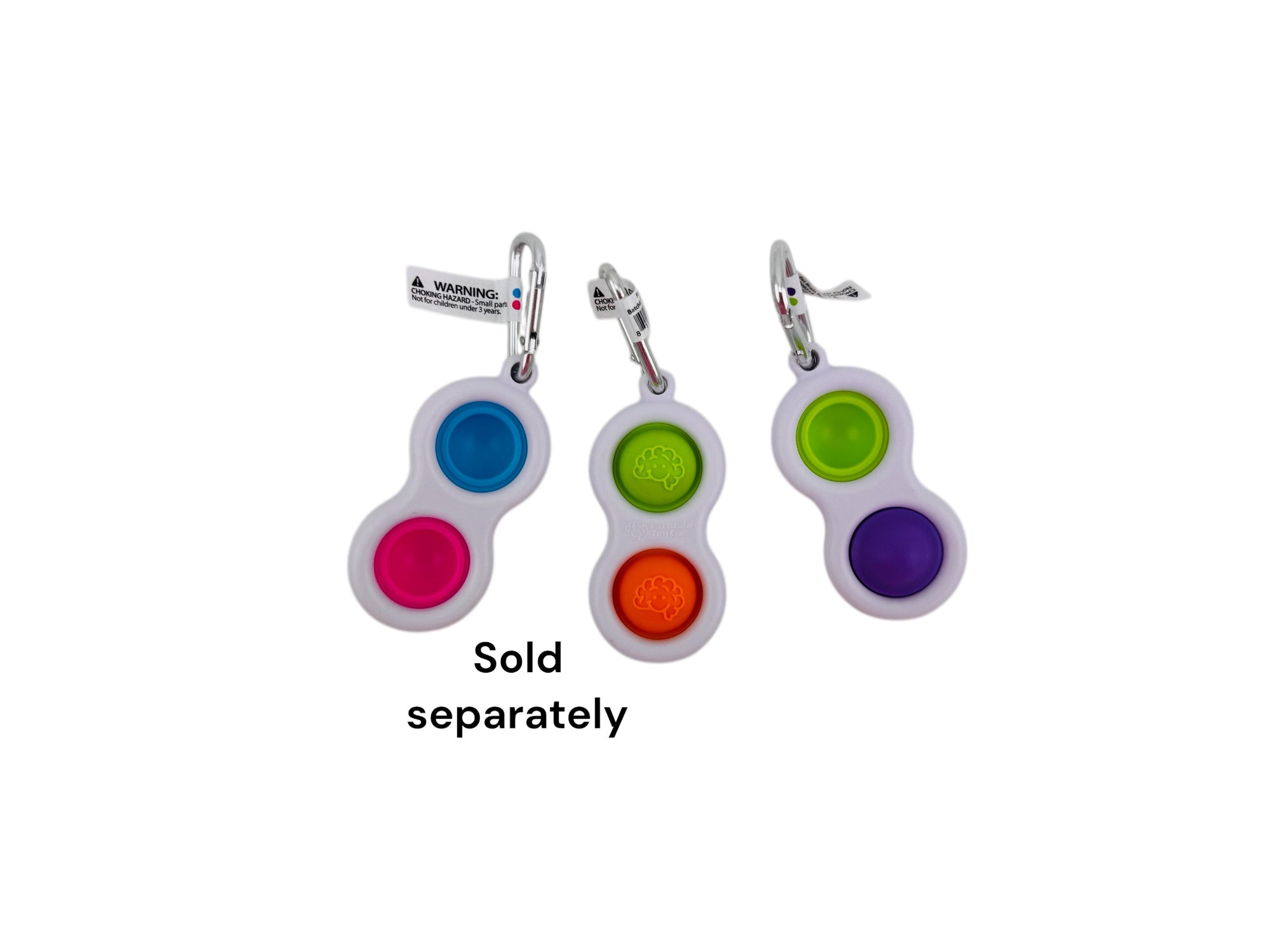 A collection of colorful Fat Brain Simpl Dimpl Fidget toys with attachable key rings, designed with smooth and textured silicone buttons.