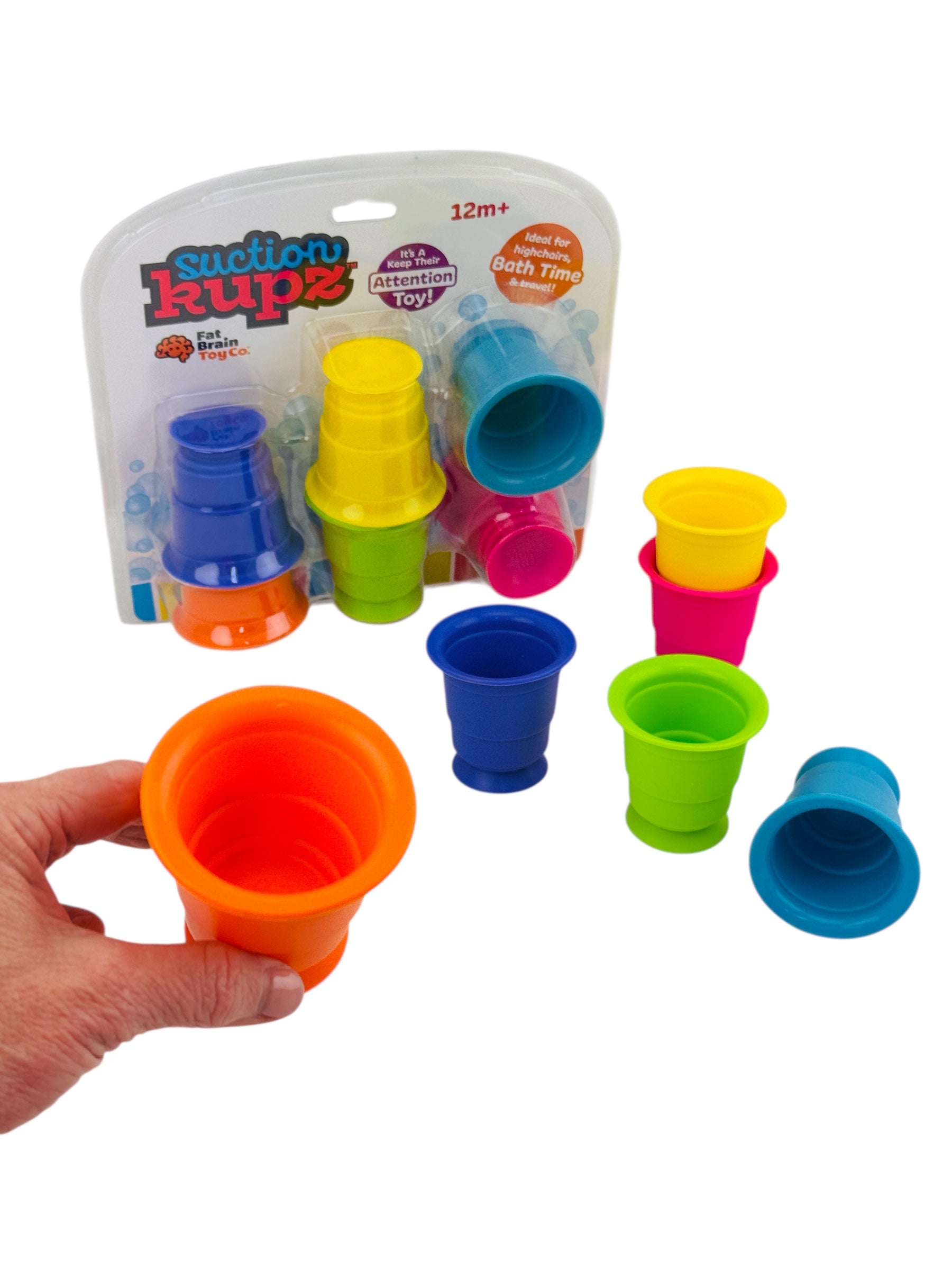 Colourful Fat Brain Suction Kupz with packaging on a white background