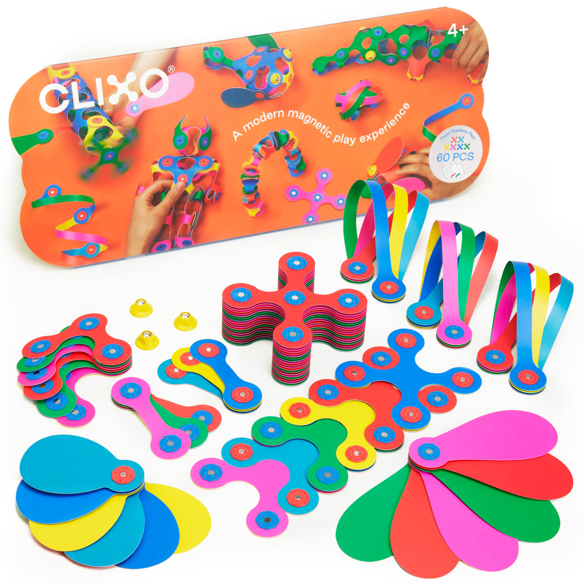 the Clixo Super Rainbow Pack on display with all pieces in front of the orange box