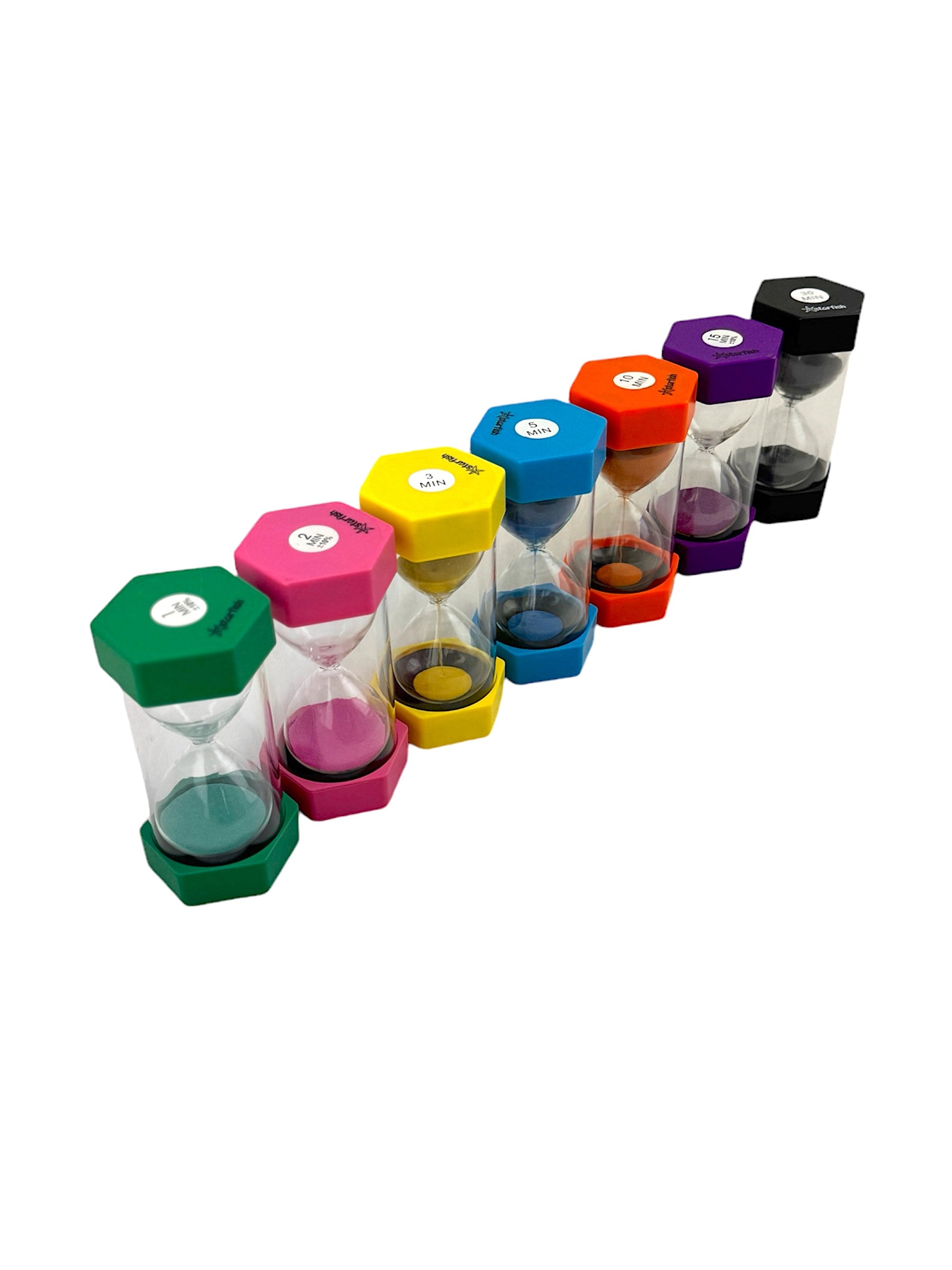 All the 7 different Starfish Giant Visual Sand Timers pictured on a white background