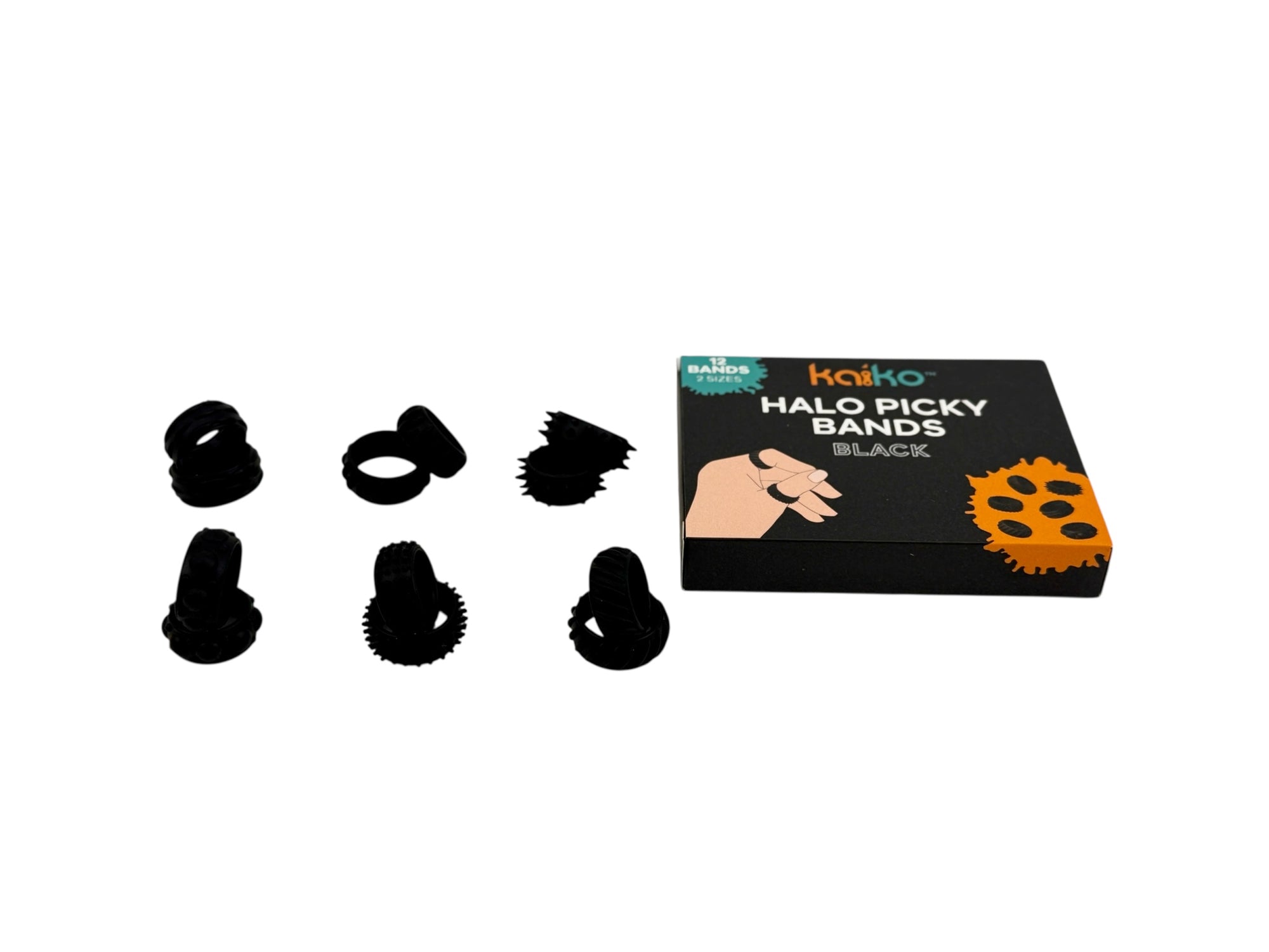 Black Kaiko halo picky bands with packaging on a white background